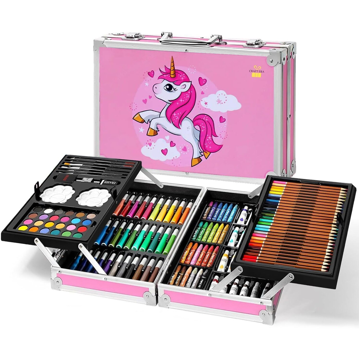 145 Pieces Drawing Color Kit Sketch Colour Pencil Set Shading Crayons Oil Pastels Colour Set Watercolor Cakes Paint Brush Sharpener Eraser Stationary Art Supplies For Artist(145 Pcs,Pink Unicorn)