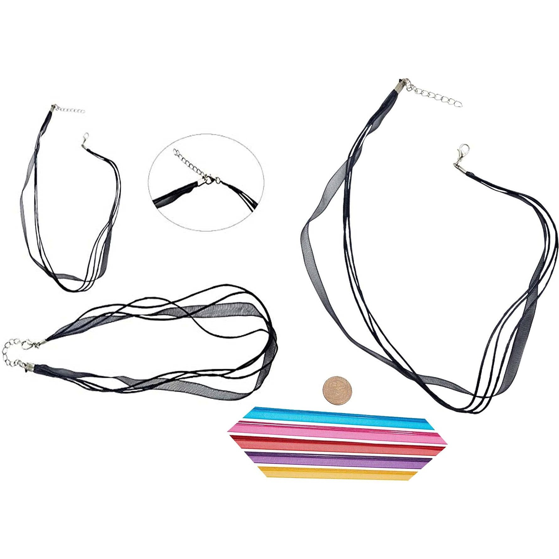 Diy Crafts 2 Pcs, Organza 3 Stripe Necklace, Black Necklace Cord Satin Silk Rope Chain With Lobster Claw Clasp Jewelry Makin (2 Pcs, Organza 3 Stripe Necklace)