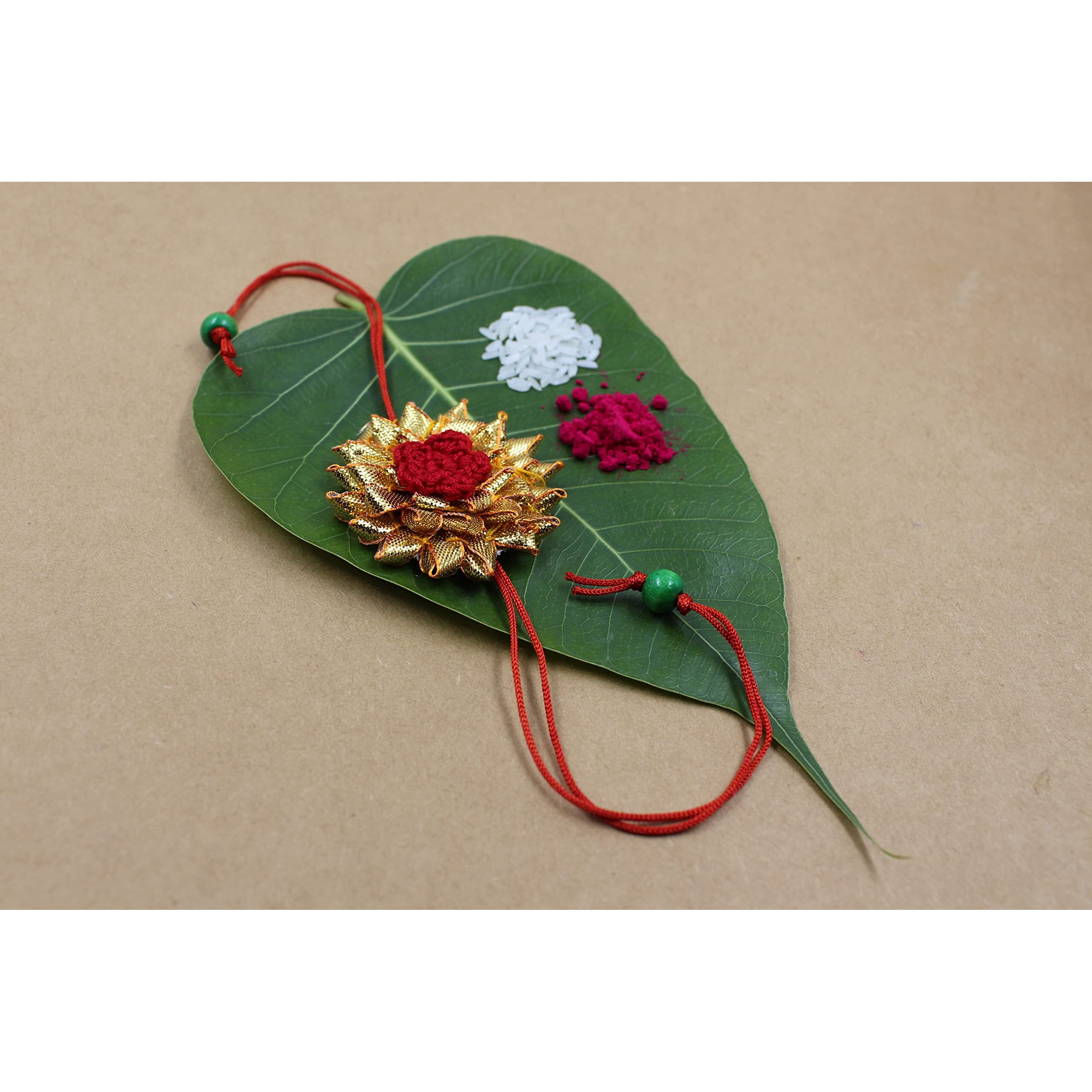 Prapti Handicrafts Handmade Crochet Flowers Reusable Brooch Pin Rakhis For Brothers (Red)