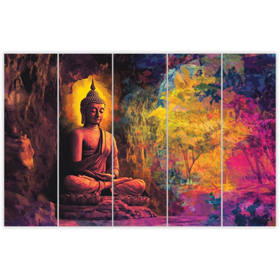 Inephos Multiple Panel Buddha Wall Art Collection | Calming Spiritual Decor For Meditation Rooms, Yoga Spaces, Living Room, Drawing Room, Bedroom, Office, Hotels Etc (Wooden, 50 Inches X 30 Inches)