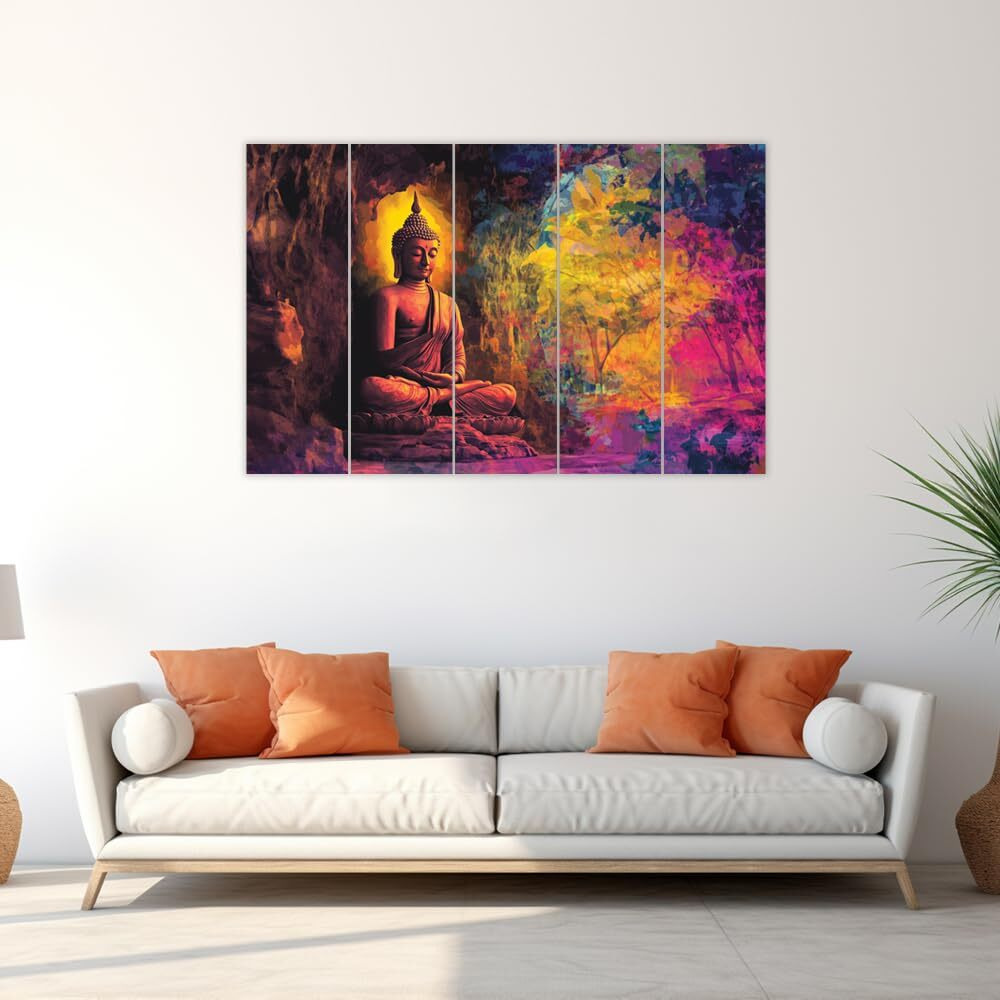 Inephos Multiple Panel Buddha Wall Art Collection | Calming Spiritual Decor For Meditation Rooms, Yoga Spaces, Living Room, Drawing Room, Bedroom, Office, Hotels Etc (Wooden, 50 Inches X 30 Inches)