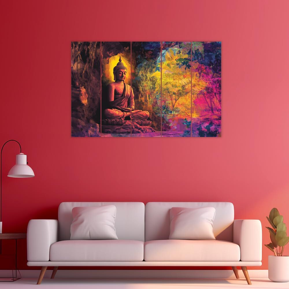 Inephos Multiple Panel Buddha Wall Art Collection | Calming Spiritual Decor For Meditation Rooms, Yoga Spaces, Living Room, Drawing Room, Bedroom, Office, Hotels Etc (Wooden, 50 Inches X 30 Inches)