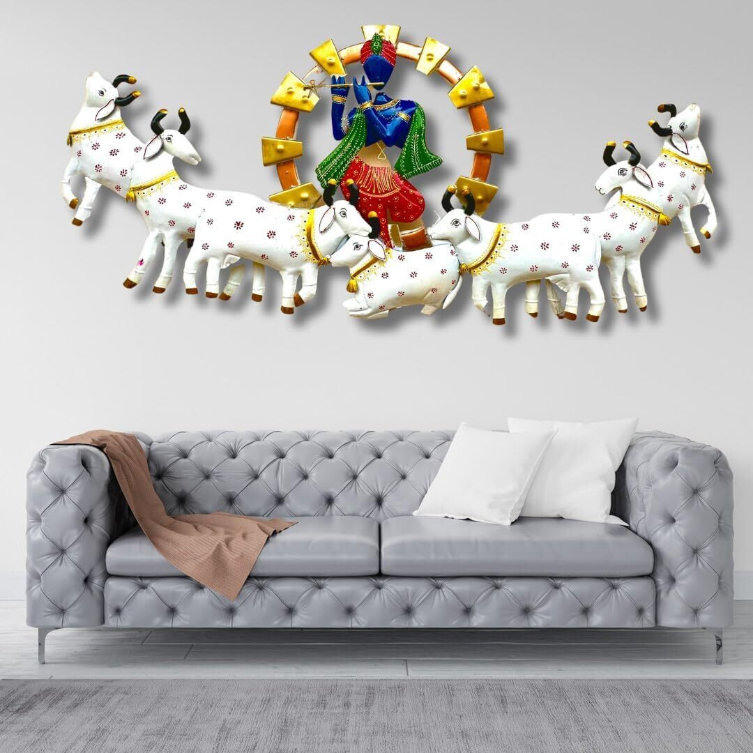 Anshika International Krishna Playing Basuri With Cow Metal For Home Decoration, Scenery Showpiece Wall Sculpture For Living Room, Decorative Items - 55 Inch