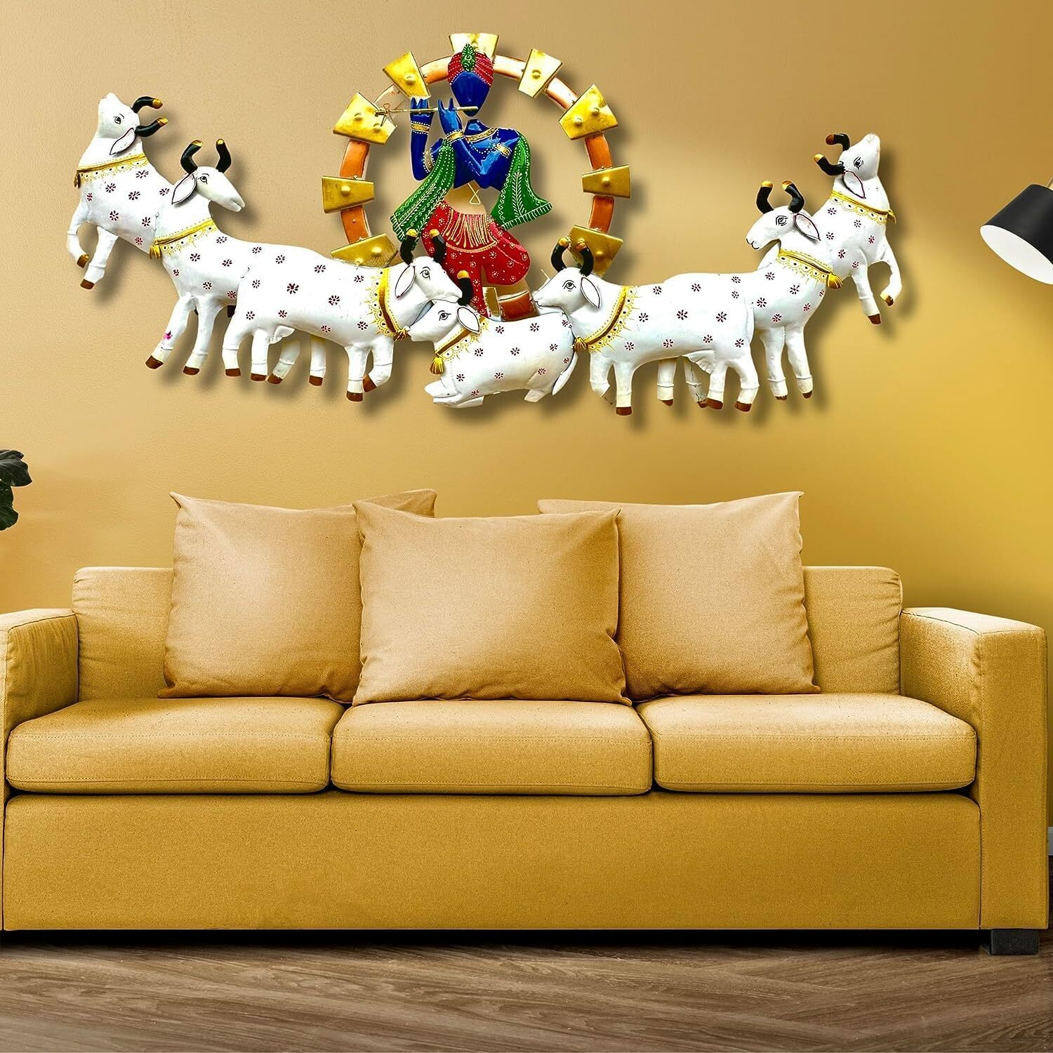 Anshika International Krishna Playing Basuri With Cow Metal For Home Decoration, Scenery Showpiece Wall Sculpture For Living Room, Decorative Items - 55 Inch