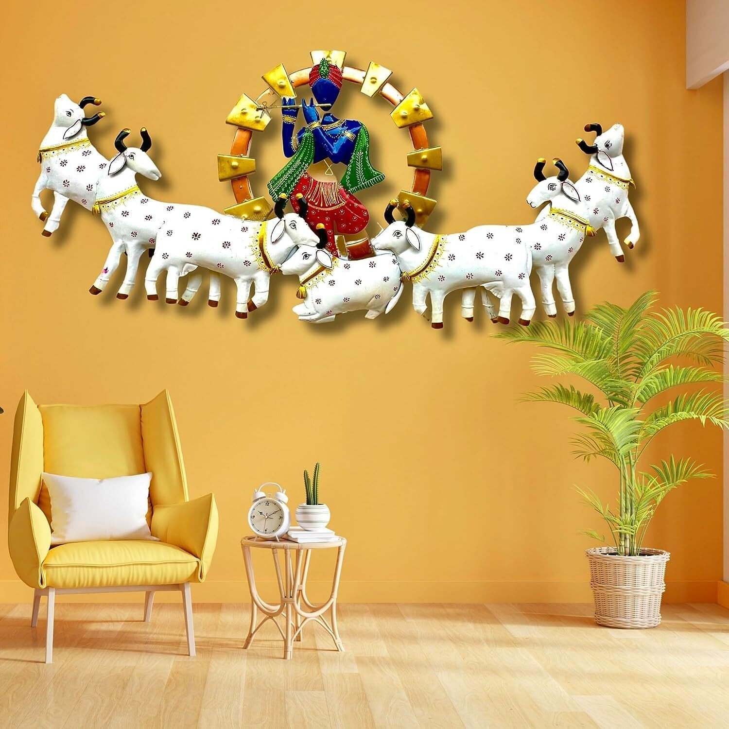 Anshika International Krishna Playing Basuri With Cow Metal For Home Decoration, Scenery Showpiece Wall Sculpture For Living Room, Decorative Items - 55 Inch