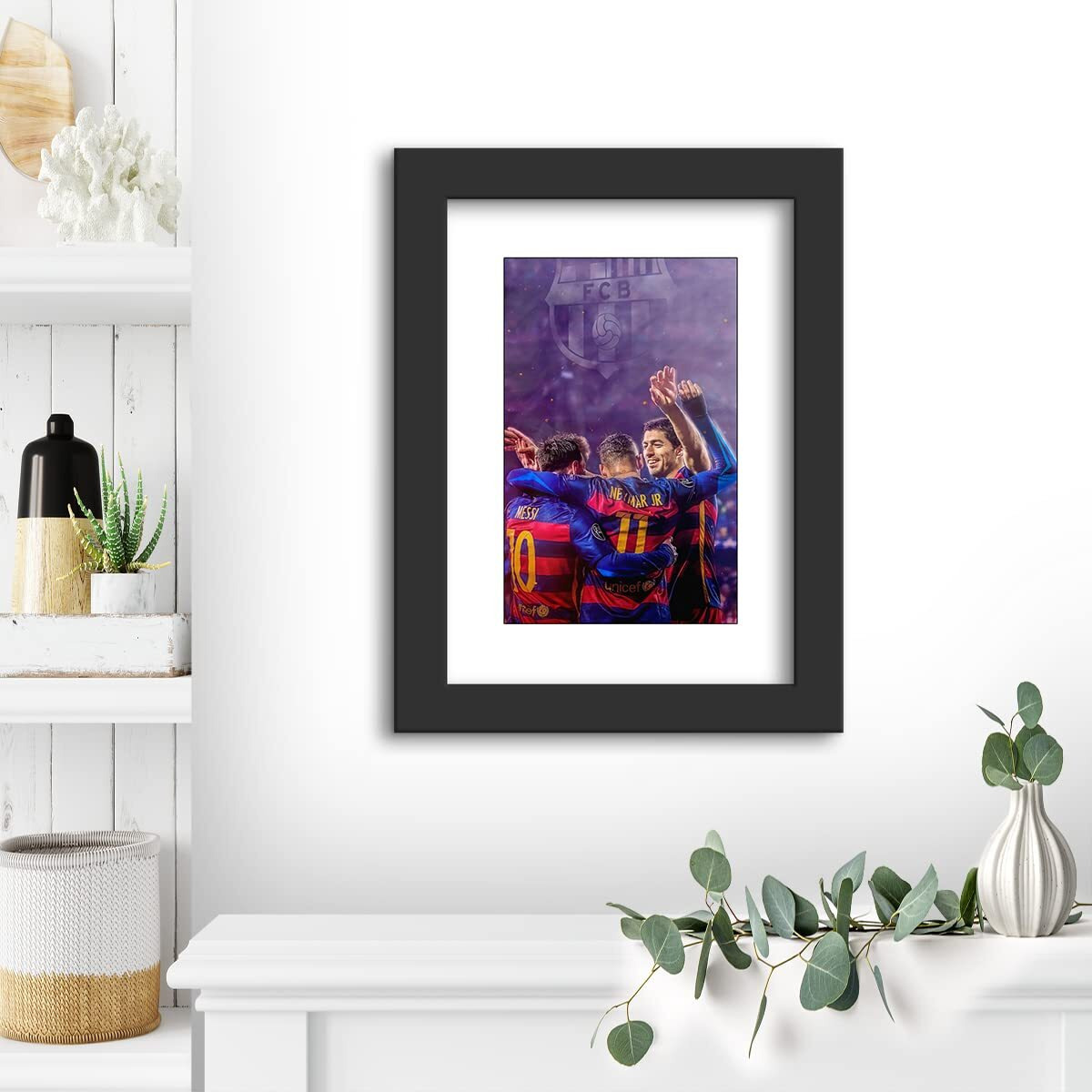 Dmcreativitycraft Lionel Messi Poster Barcelona Wall Decoration Art Luis Suarez And Neymar Posters For Wall, 9.5 X 12.5 Inch, Matt Laminated 1 Inch Black Frame Office Or Desk Decor