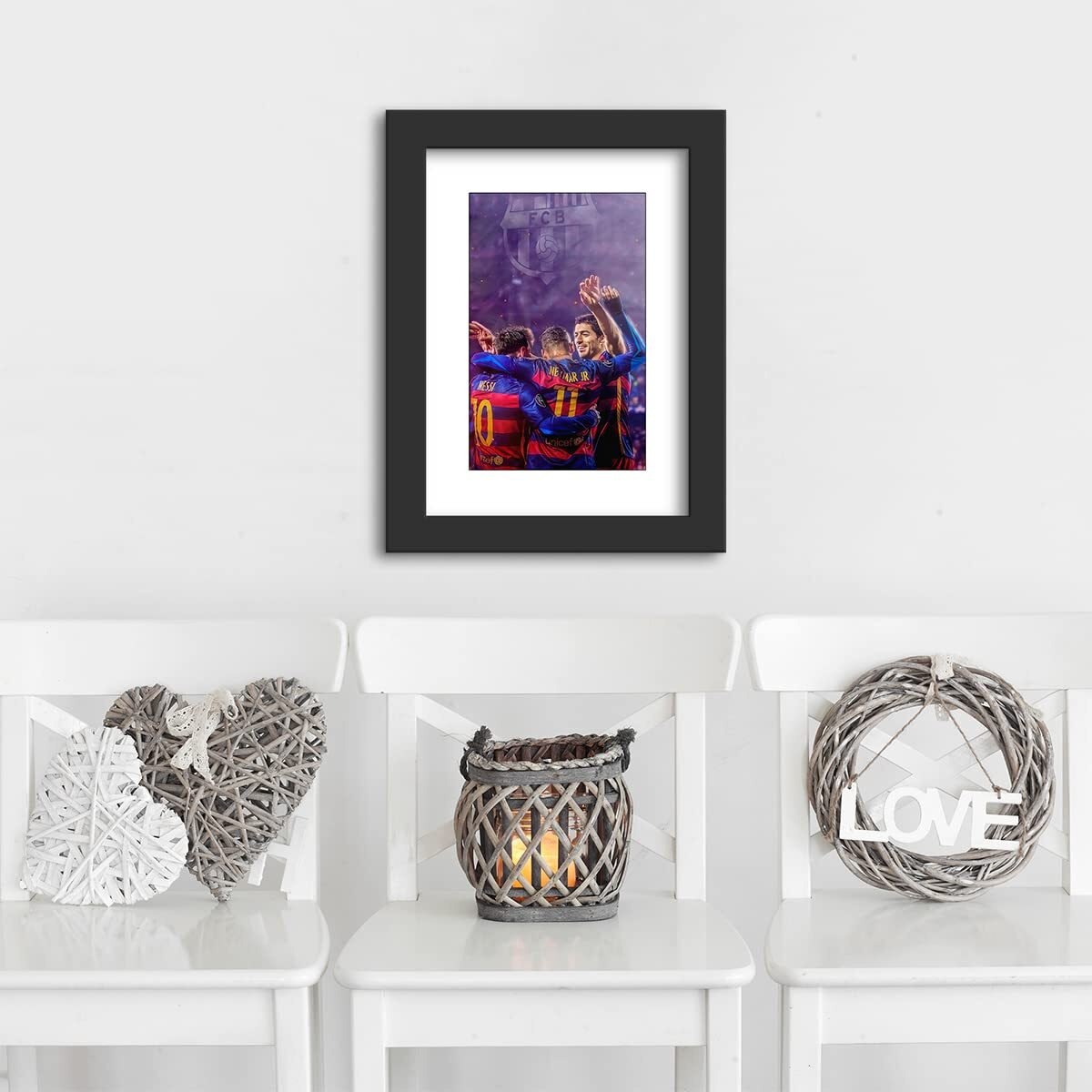 Dmcreativitycraft Lionel Messi Poster Barcelona Wall Decoration Art Luis Suarez And Neymar Posters For Wall, 9.5 X 12.5 Inch, Matt Laminated 1 Inch Black Frame Office Or Desk Decor
