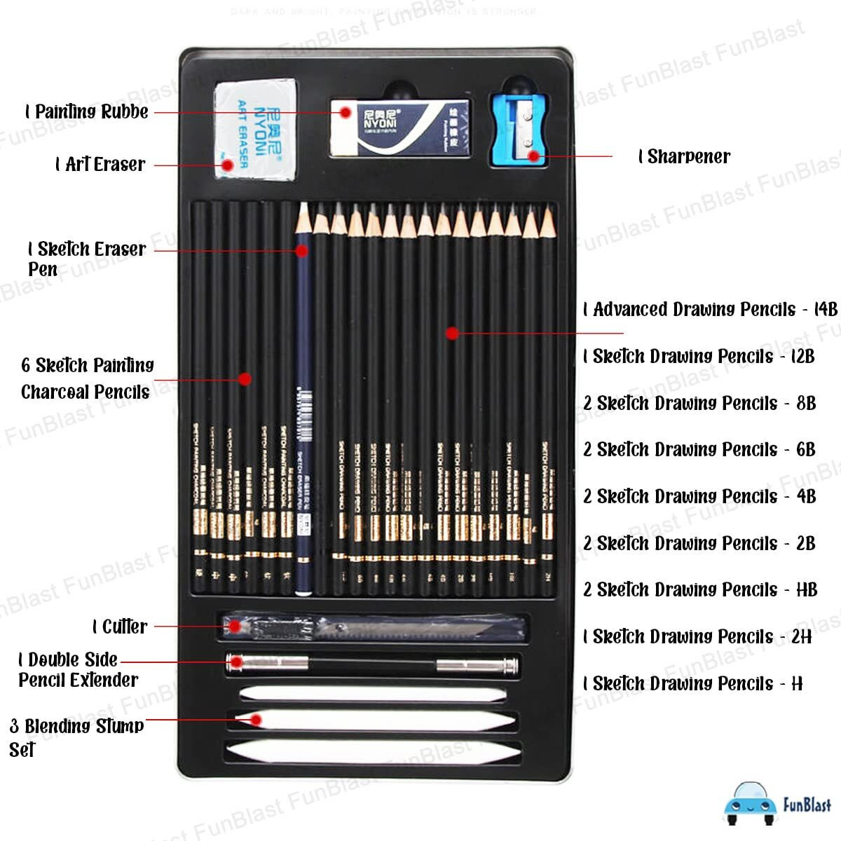 Funblast Professional Sketching & Drawing Art Tool Kit - Drawing Pencils , Graphite Pencil Set, Art Pencils, Shading Pencils Set Of 29 Pcs