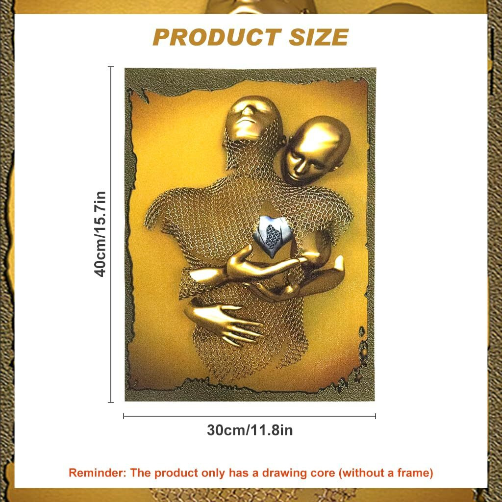 Hasthip 3D Painting Metal Figure Statue Art Couple Love Heart Kiss Pictures Wall Art Canvas Print Poster Drawing Decor For Home Living Room Bedroom Office - Without Frame (30X40Cm) Heart