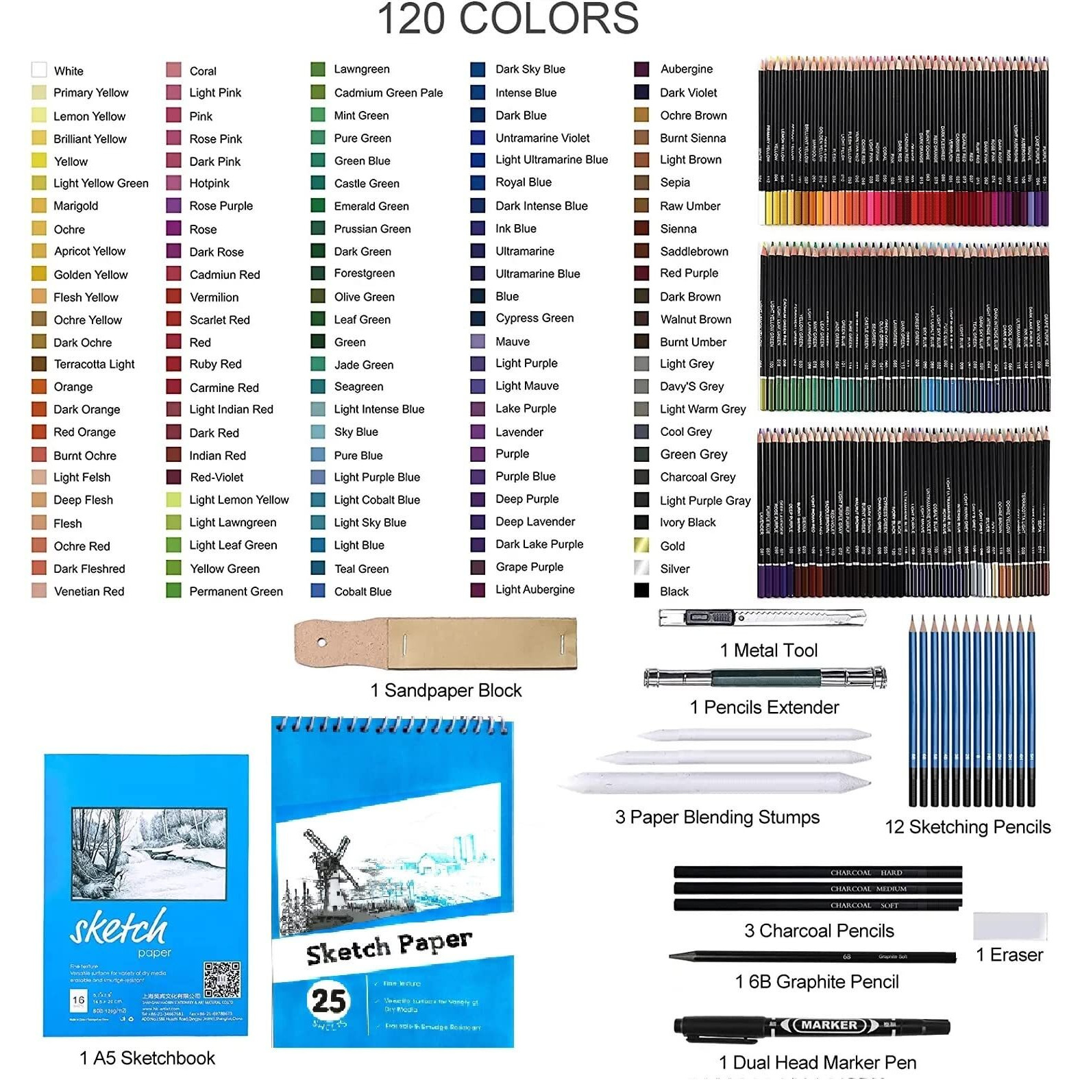 Corslet 146 Pc Drawing Pencils For Artists Kit With 16 & 25 Page A5 Sketch Book Watercolor Oil Based Colour Set Sketching Artist Art Supplies, Ink Black