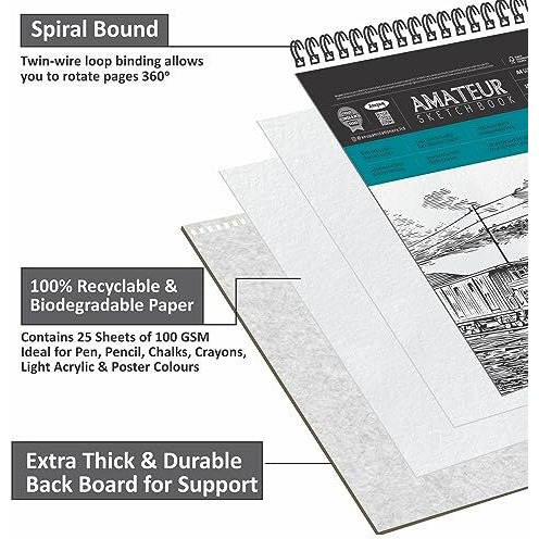 Anupam Amateur Sketch Book B4 | 25 Sheets 50 Pages | 100Gsm | Durable Acid Free Drawing Book | Top Spiral-Bound Sketchbook For Artists & Kids For Marker Colored Pencil Charcoal Pastels (Set Of 2)