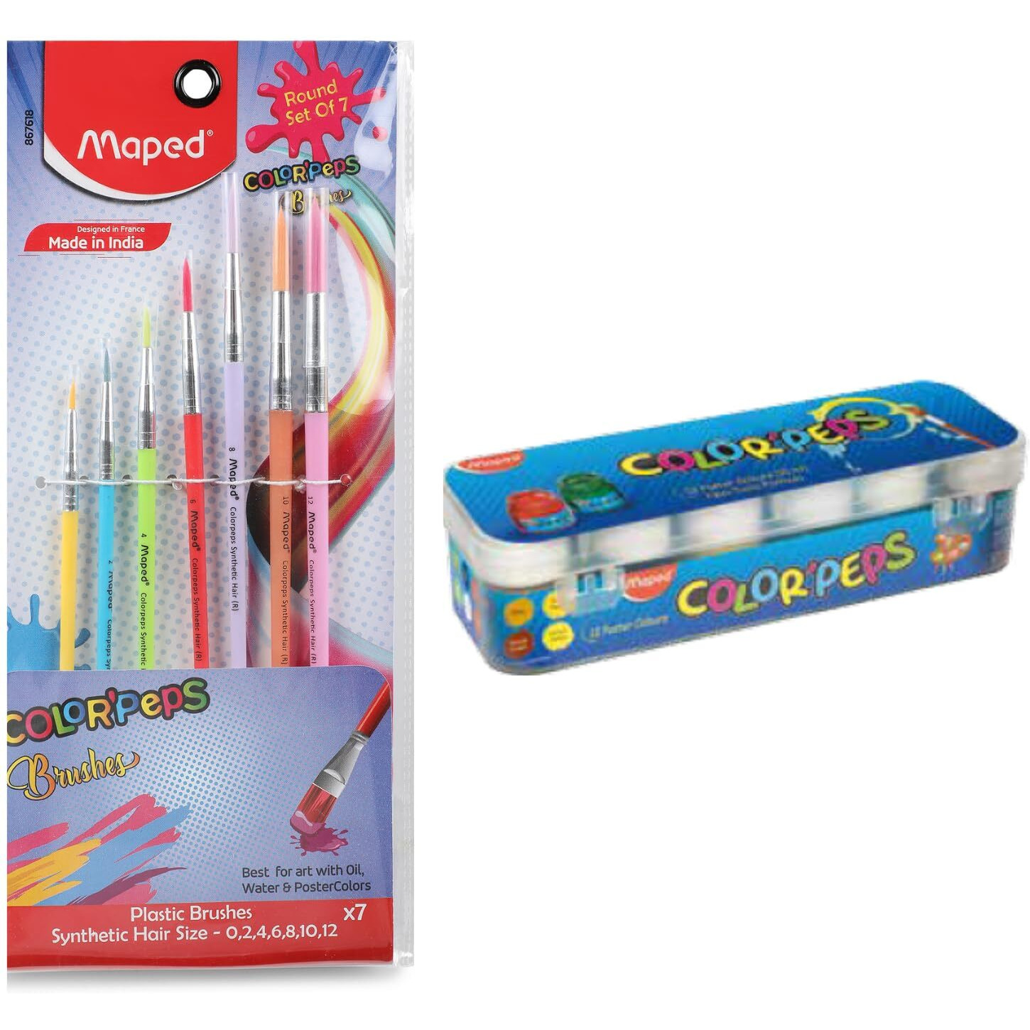Maped Painting Kit - 12 Shade Poster Colours +7 Plastic Handle Brushes-Round|Soft & Smooth Textured Poster Colours|Vibrant & Rich Shades Makes Painting Realistic|Soft Movement Bristles|Safe & Nontoxic