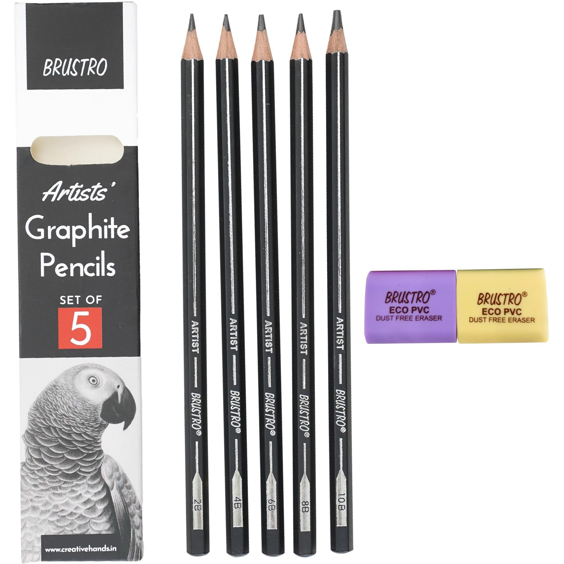 Brustro Graphite Pencils |Set Of 5 (2B, 4B, 6B, 8B, 10B),With Eco Pvc Dust Free Erasers (2 Pcs)| Ideal For Fine Art Students,Adults, Drawing,Sketching,Mandala, Shading, Pencils For Beginners, Artists