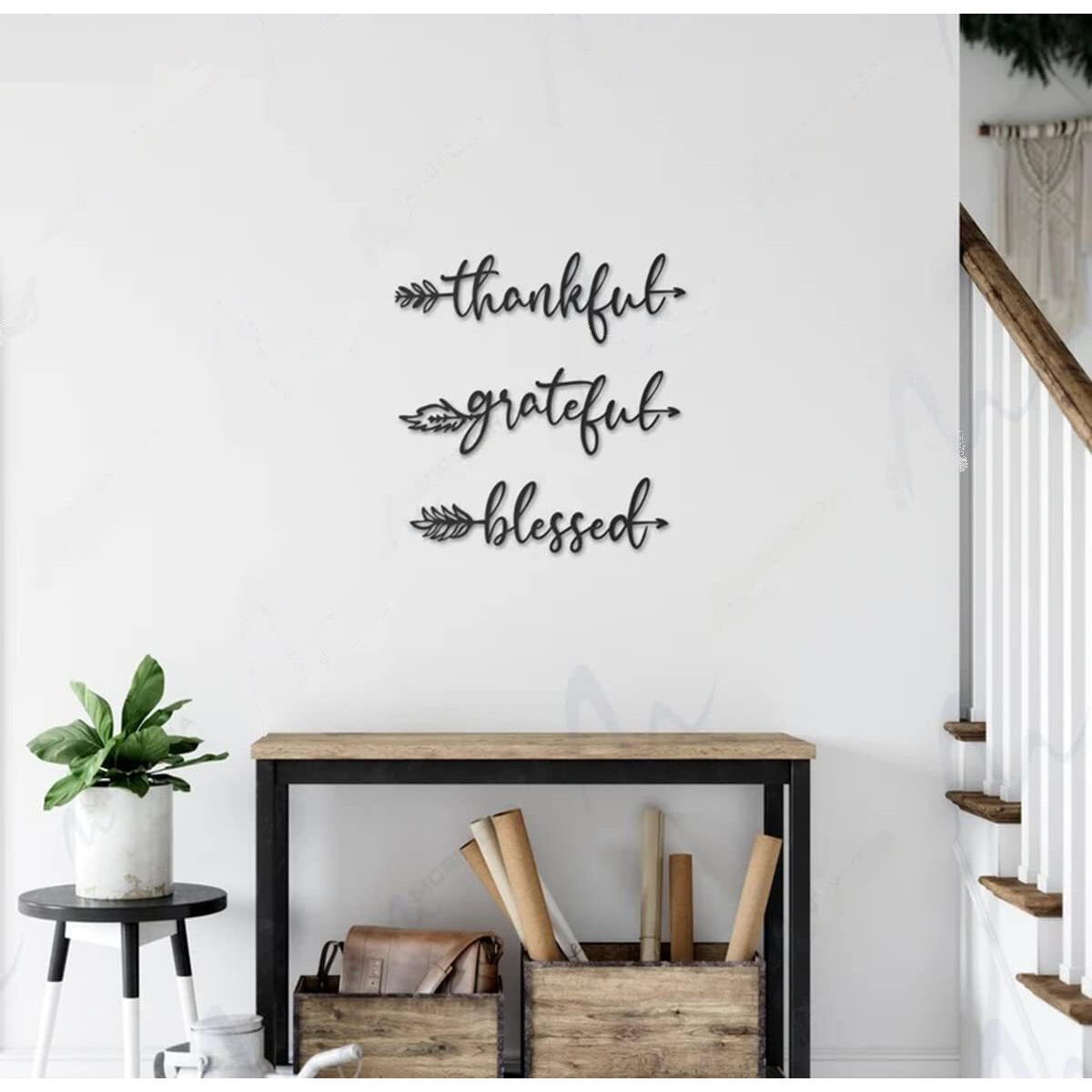 Meraki Mart Black Thankful Grateful Blessed Sing Designed Art Of Wood Wall Round Hanging Decor Plaque Sculptures Black Wall Decoration Home, Bedroom, Cafe, Bathroom, Office (Pack Of 1, 16 Inches)