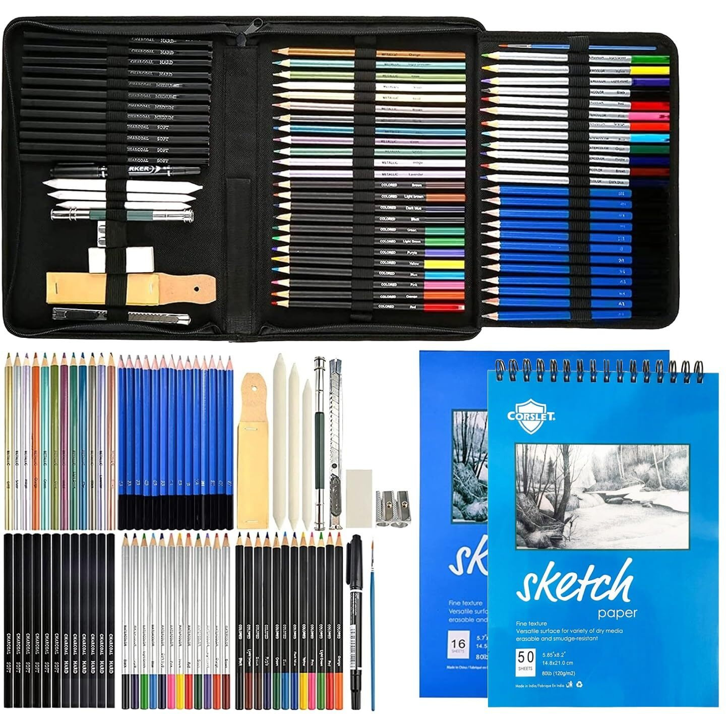 Corslet 74 Pc Drawing Pencils For Sketching Professional Art Supplies Sketch Pencil Set And 16 & 50 Sheets A5 Sketch Book Graphite Charcoal Watercolor Metallic Colour Pencils For Artist With Carry Bag
