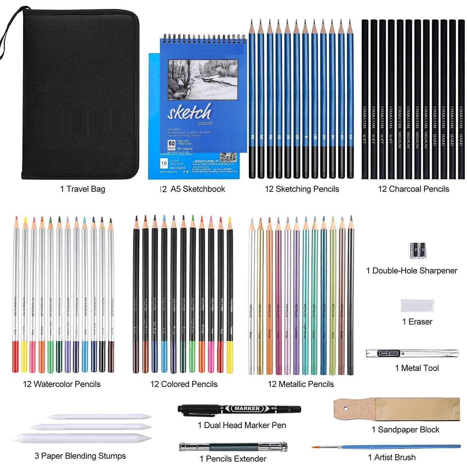 Corslet 74 Pc Drawing Pencils For Sketching Professional Art Supplies Sketch Pencil Set And 16 & 50 Sheets A5 Sketch Book Graphite Charcoal Watercolor Metallic Colour Pencils For Artist With Carry Bag