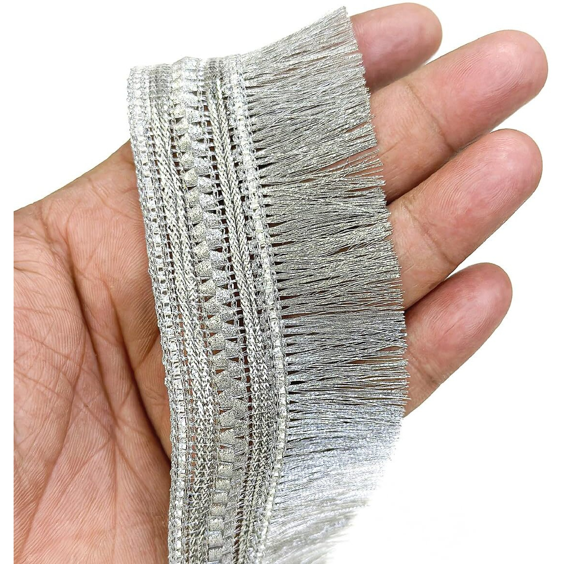 Embroiderymaterial 4.5 Cm Width Fringe Kiran Patti Lace For Saree Border, Dress Designing, Blouse, Kurti, Dupatta, Embroidery, Diy & Craft (Silver, 18M/Roll)