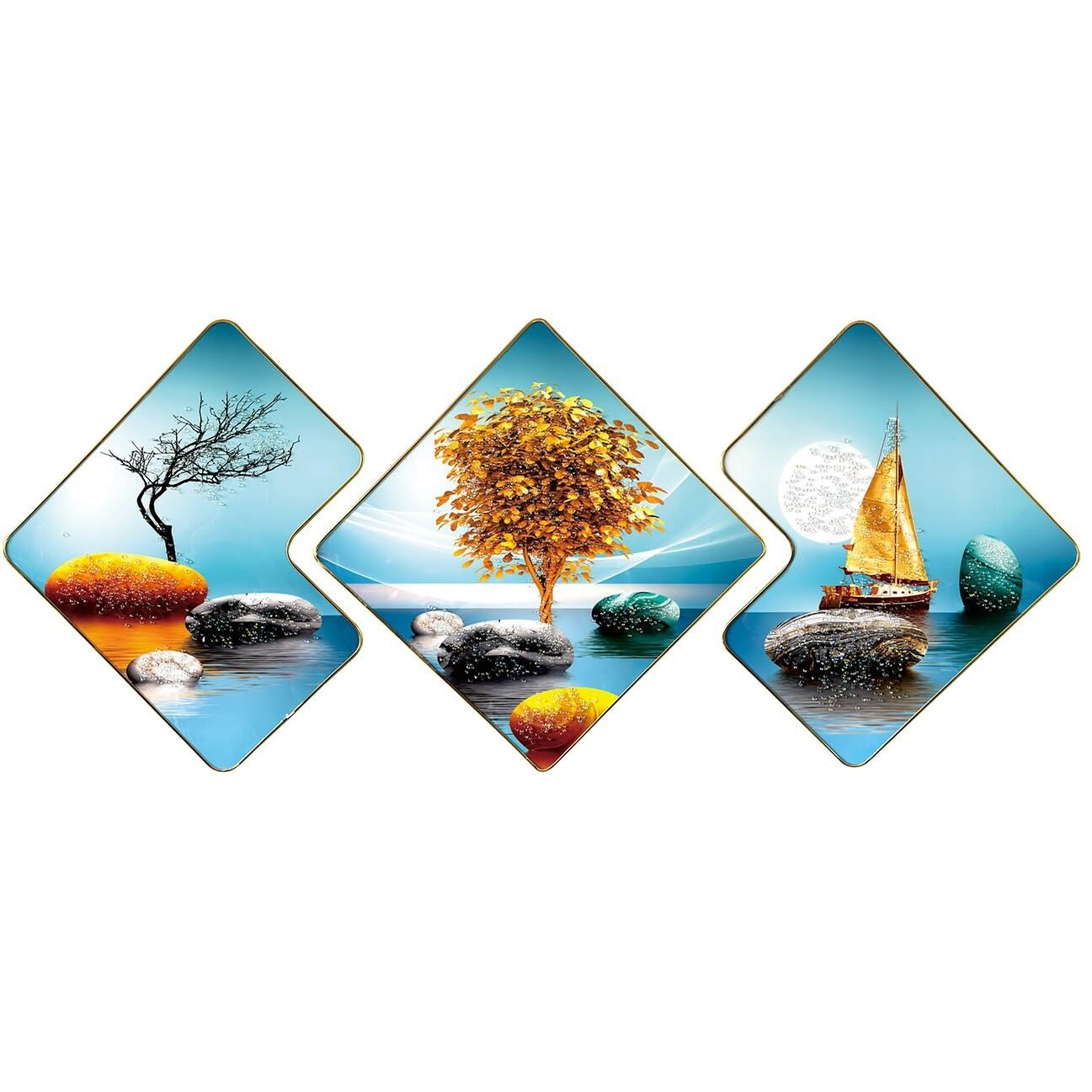 Amazon Brand - Umi Tempered Glass Stylish Decorative Home Decor Big Size Wall Art Crystal Embedded Painting Frame For Living Room Bedroom Home Hotel Decoration Feng Shui Vaastu Gift 3 Pcs (M_571_8)