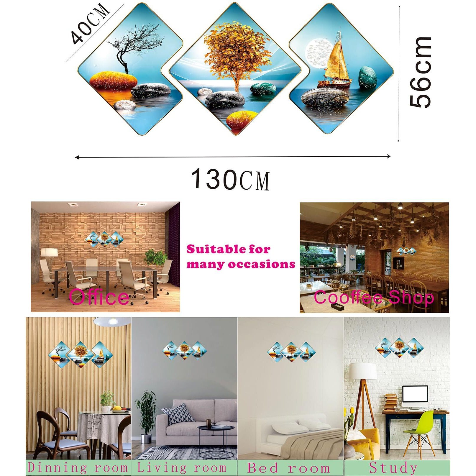 Amazon Brand - Umi Tempered Glass Stylish Decorative Home Decor Big Size Wall Art Crystal Embedded Painting Frame For Living Room Bedroom Home Hotel Decoration Feng Shui Vaastu Gift 3 Pcs (M_571_8)