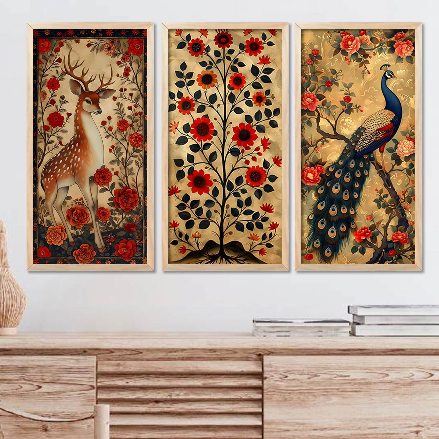 Kalit Kala Modern Wall Art Painting For Wall Decoration, Bedroom, Living Room With Reusable Frames & Acrylic Glass Cover | Set Of 3 | 10 X 19 Inches | Indian Wall Art Painting 3