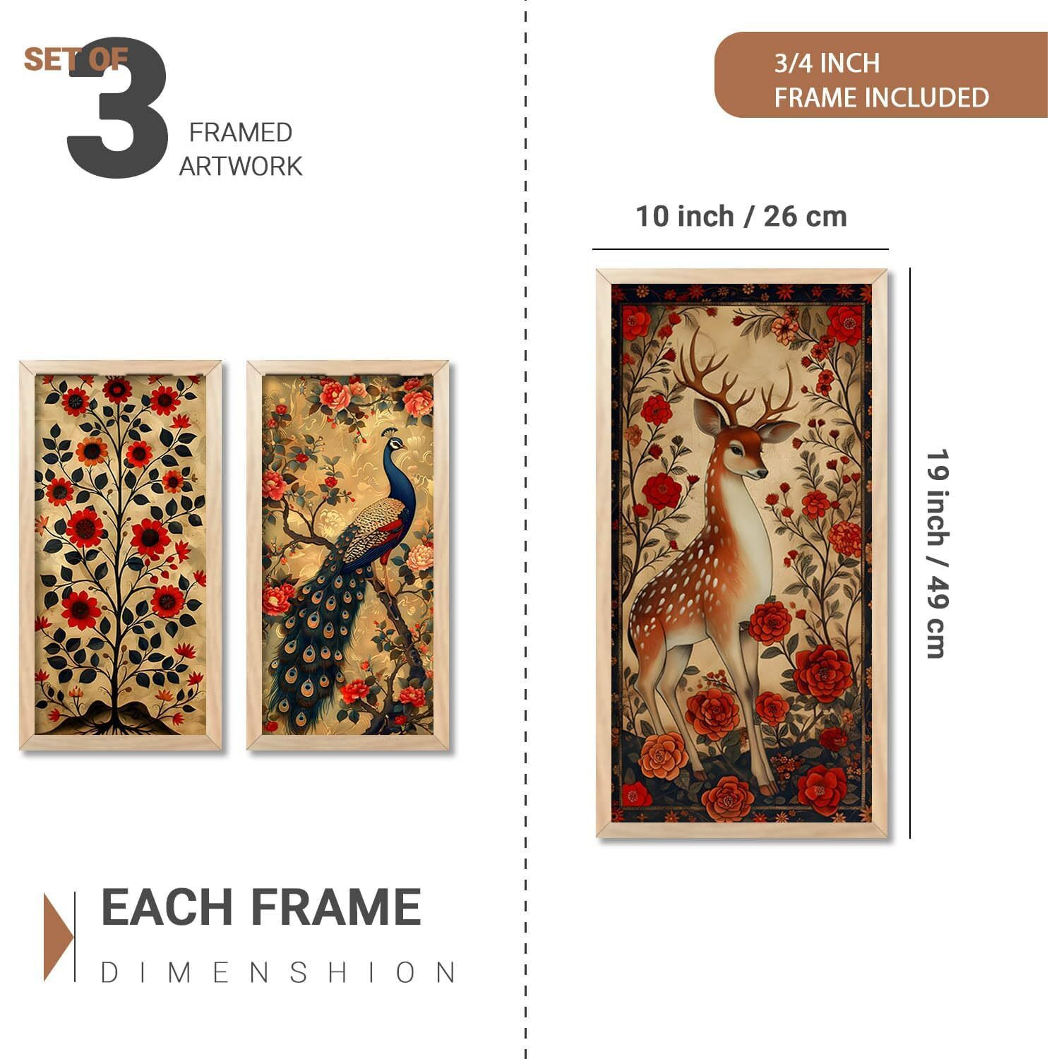 Kalit Kala Modern Wall Art Painting For Wall Decoration, Bedroom, Living Room With Reusable Frames & Acrylic Glass Cover | Set Of 3 | 10 X 19 Inches | Indian Wall Art Painting 3