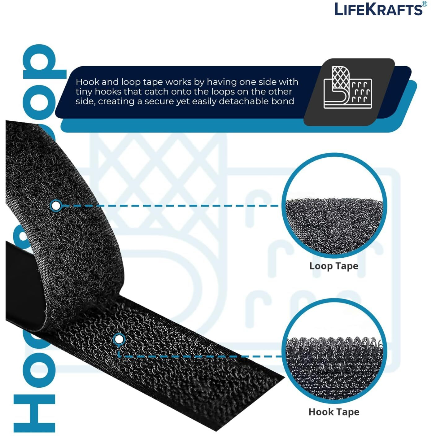 Lifekrafts Self Adhesive Hook Tape & Self Adhesive Loop Tape For Stationary, Pictures, Tools, Household Purposes, Schools And Office (2M X 25Mm Hook & Loop Tape, Black Color)