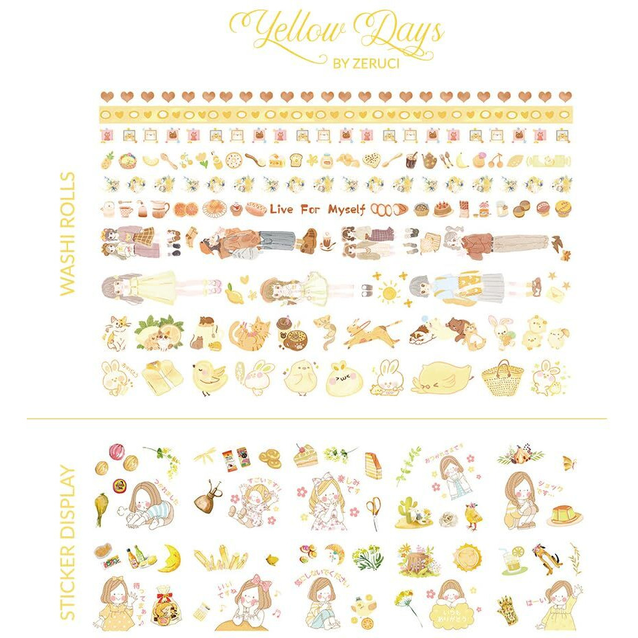 Zeruci Yellow Days Washi Craft Masking Tape & Sticker Gift Box | 10 Washi Rolls & 10 Washi Sticker Sheets | For Diy, Bujo Journal, Scrapbook, Dear Diary