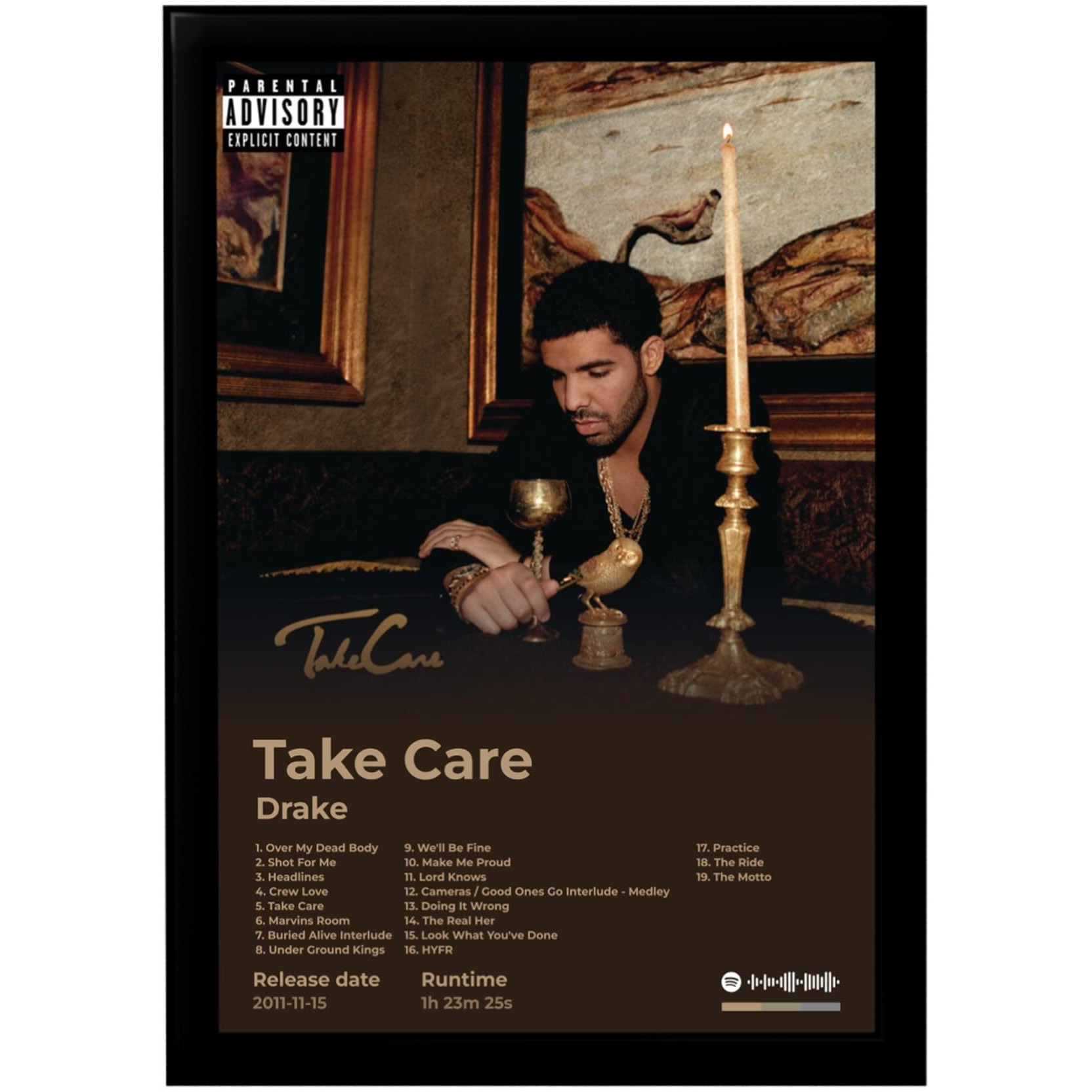 Blinkart Drake(Take Care) Popular Music Album Songs Hanging Wall Artwork Photo Frames (13X10) Inch Decoration For Home Bedroom Living Room Aesthetics Artworks Spotify Song Link Qr Code
