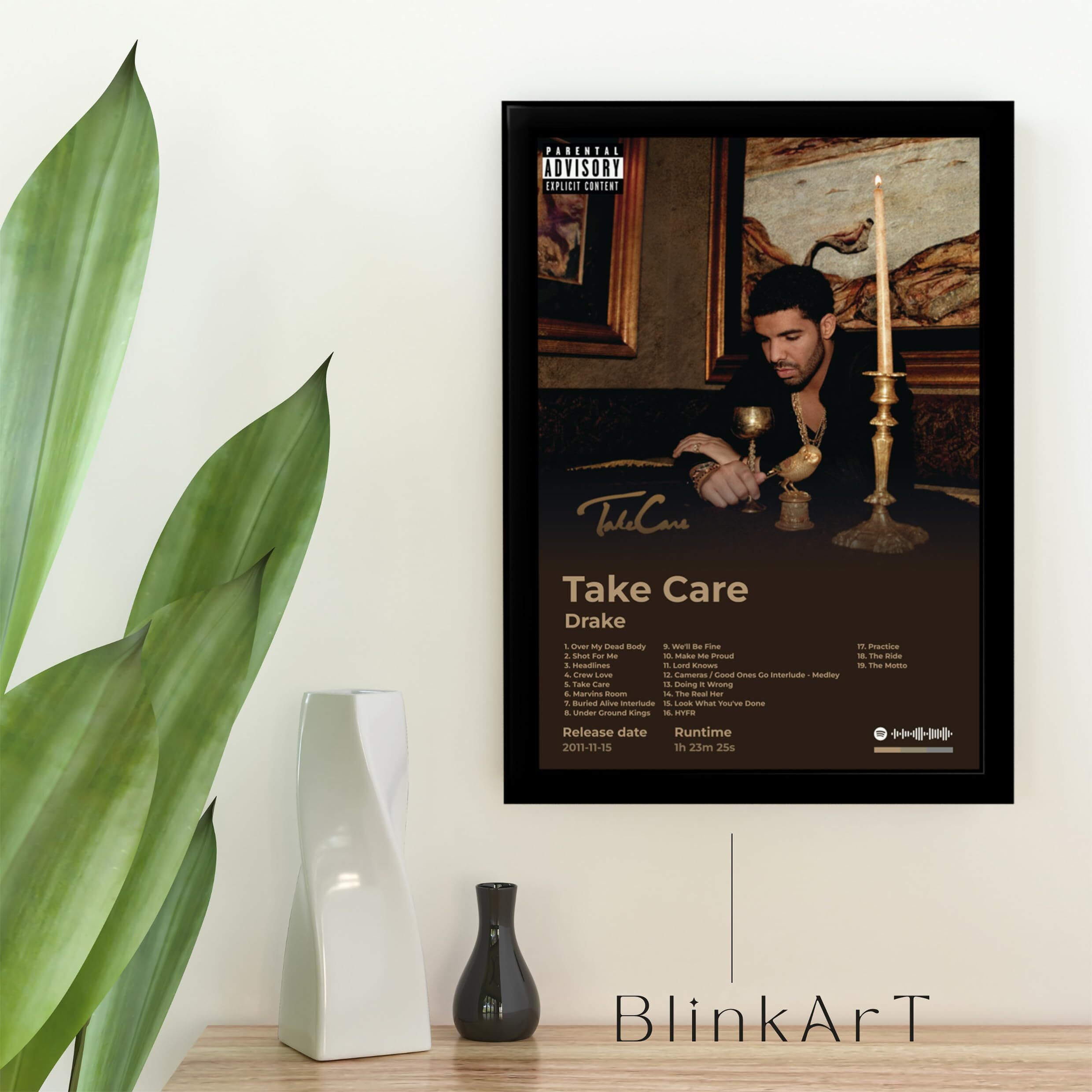 Blinkart Drake(Take Care) Popular Music Album Songs Hanging Wall Artwork Photo Frames (13X10) Inch Decoration For Home Bedroom Living Room Aesthetics Artworks Spotify Song Link Qr Code