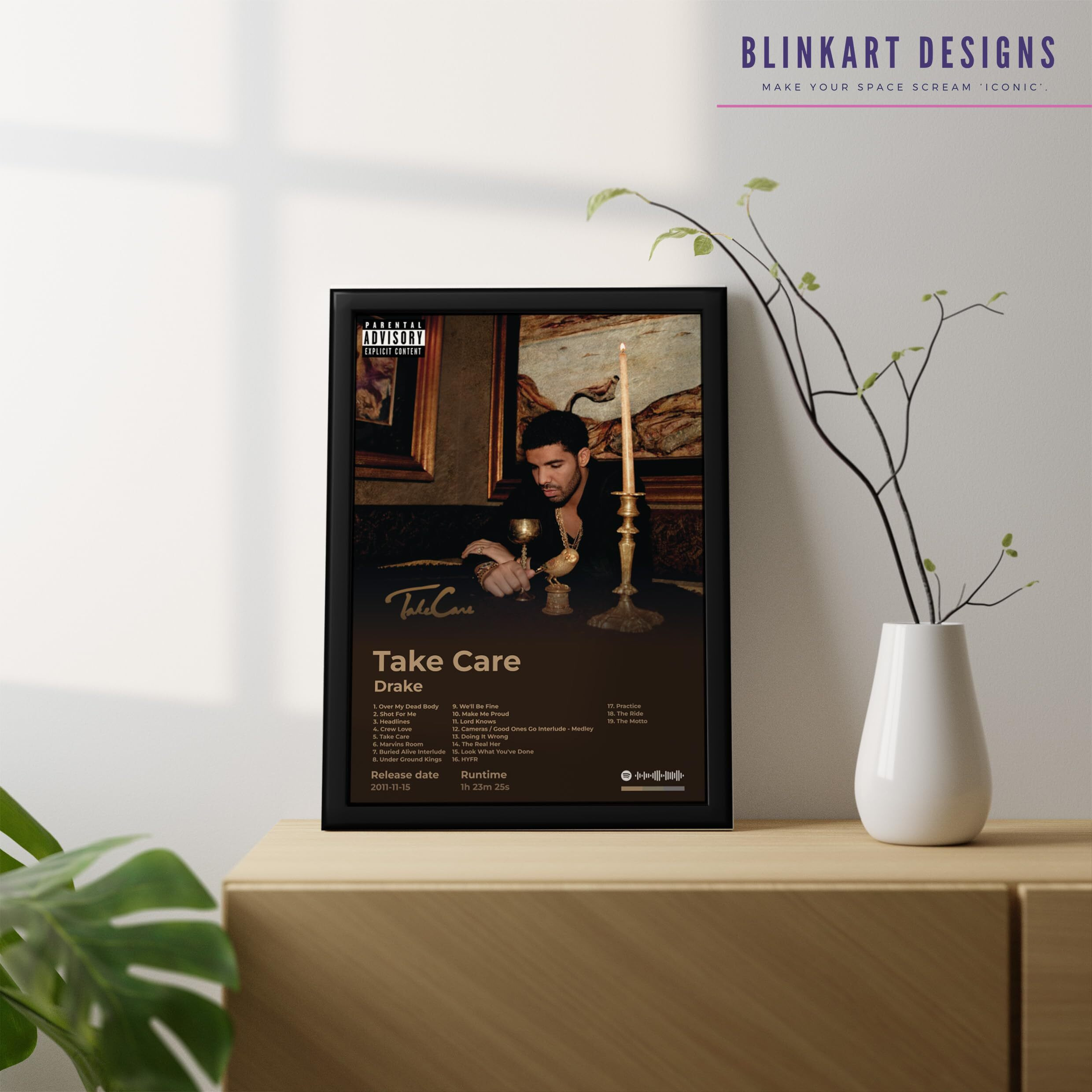 Blinkart Drake(Take Care) Popular Music Album Songs Hanging Wall Artwork Photo Frames (13X10) Inch Decoration For Home Bedroom Living Room Aesthetics Artworks Spotify Song Link Qr Code