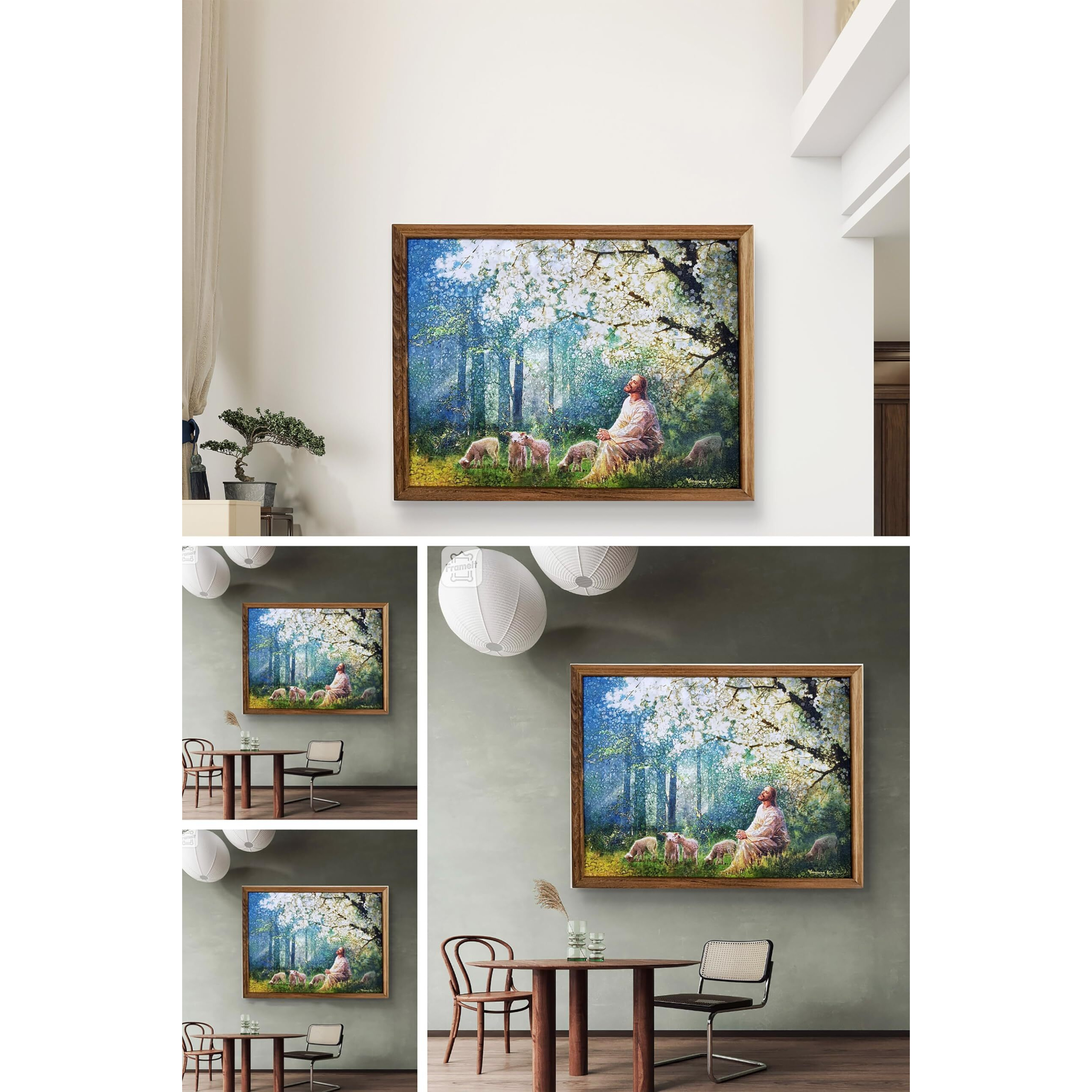 Elegance Good Shephered Of Jesus Christ Wall Painting Christian Art Painting With Natural Teakwood Frame For Home Decor,Office,Gifts Painting Size- 13 Height X 17 Length Inch