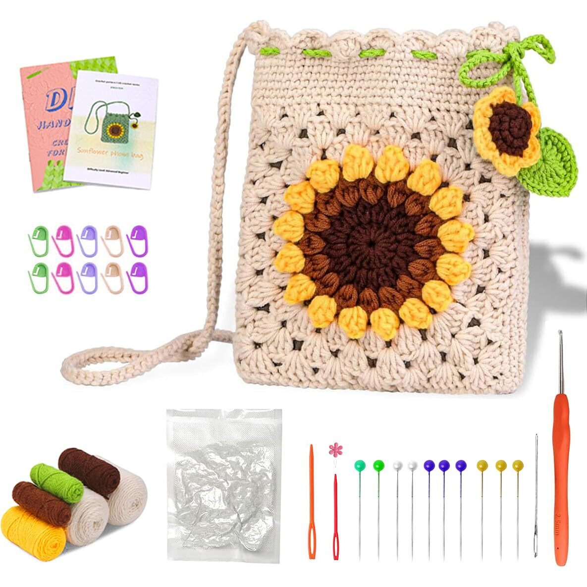Patpat Diy Crochet Phone Bag Material Kit Beginners Sun Flower Crochet Phone Sling Bag Material Kit With Yarn, Crochet Needles, Tools & Accessories, Tutorial Video, Diy Gift, Beige