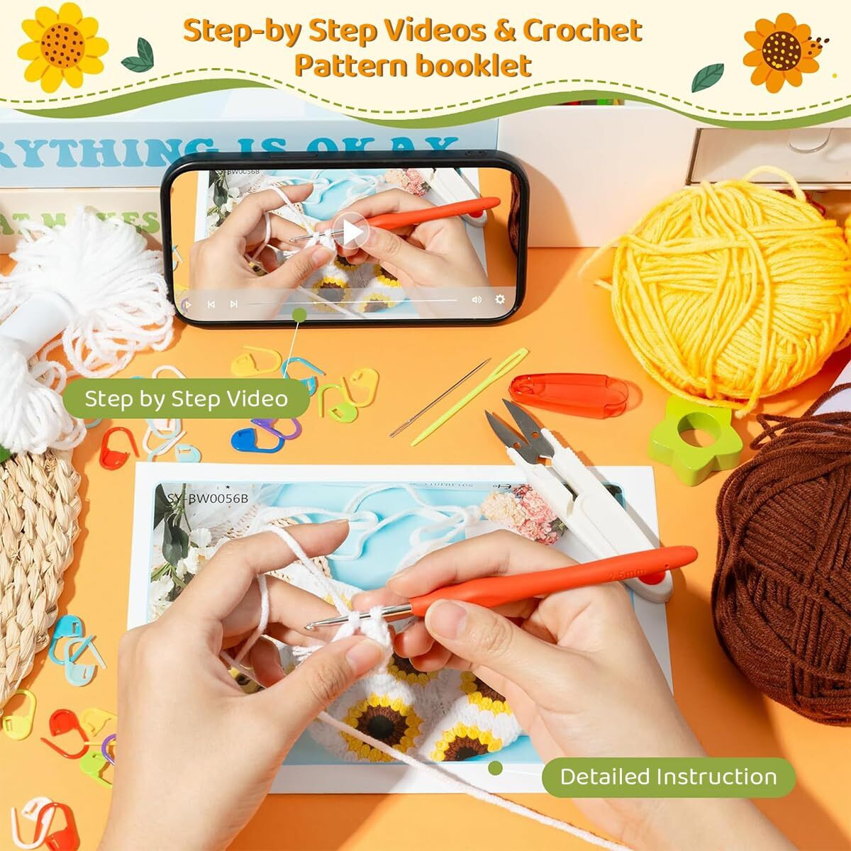 Patpat Diy Crochet Phone Bag Material Kit Beginners Sun Flower Crochet Phone Sling Bag Material Kit With Yarn, Crochet Needles, Tools & Accessories, Tutorial Video, Diy Gift, Beige