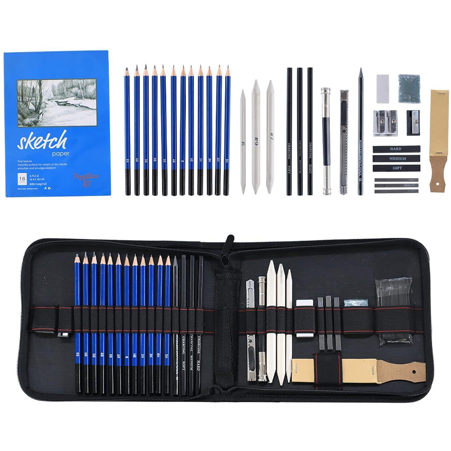 Zollyss Sketching Kit - 35 Pcs Professional Sketch & Drawing Tool Kit With Zipper Case-Includes Graphite & Charcoal Pencils, Sticks, Eraser, Sketch Book & Other Tools For Artists Wood