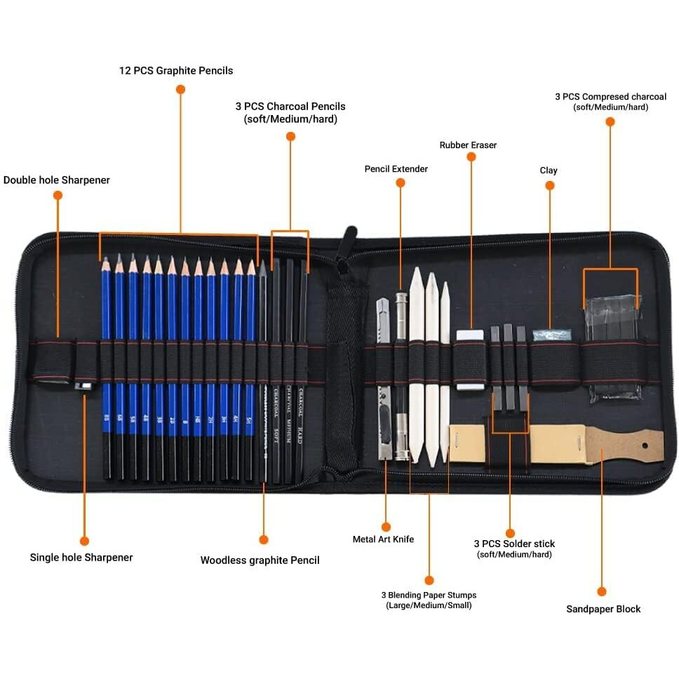 Zollyss Sketching Kit - 35 Pcs Professional Sketch & Drawing Tool Kit With Zipper Case-Includes Graphite & Charcoal Pencils, Sticks, Eraser, Sketch Book & Other Tools For Artists Wood