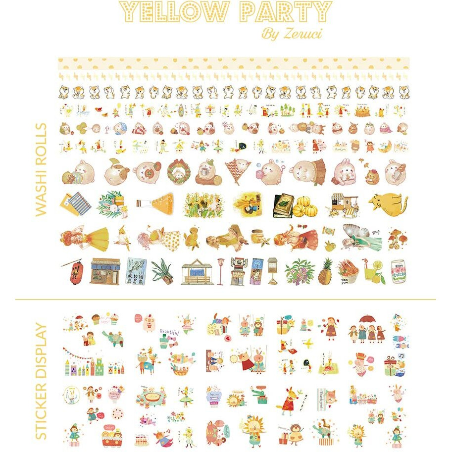 Zeruci Yellow Party Washi Craft Masking Tape & Sticker Gift Box | 10 Washi Rolls & 10 Washi Sticker Sheets | For Diy, Bujo Journal, Scrapbook, Dear Diary