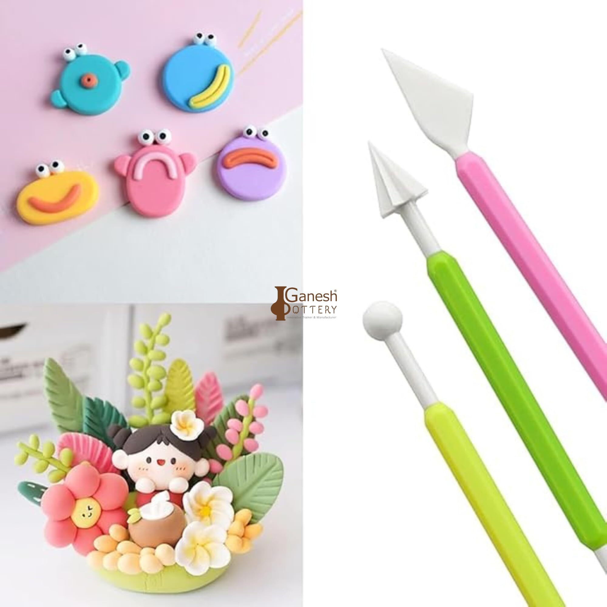 Ganesh Pottery Plastic Ceramic Pottery Tools Set Of 8, Carving Double Heads Clay Modelling, Sculpting, Shaping, Fondant Cake Decorating, Polymer Tools For Art & Craft Supplies For Kids, Artist(Yellow)