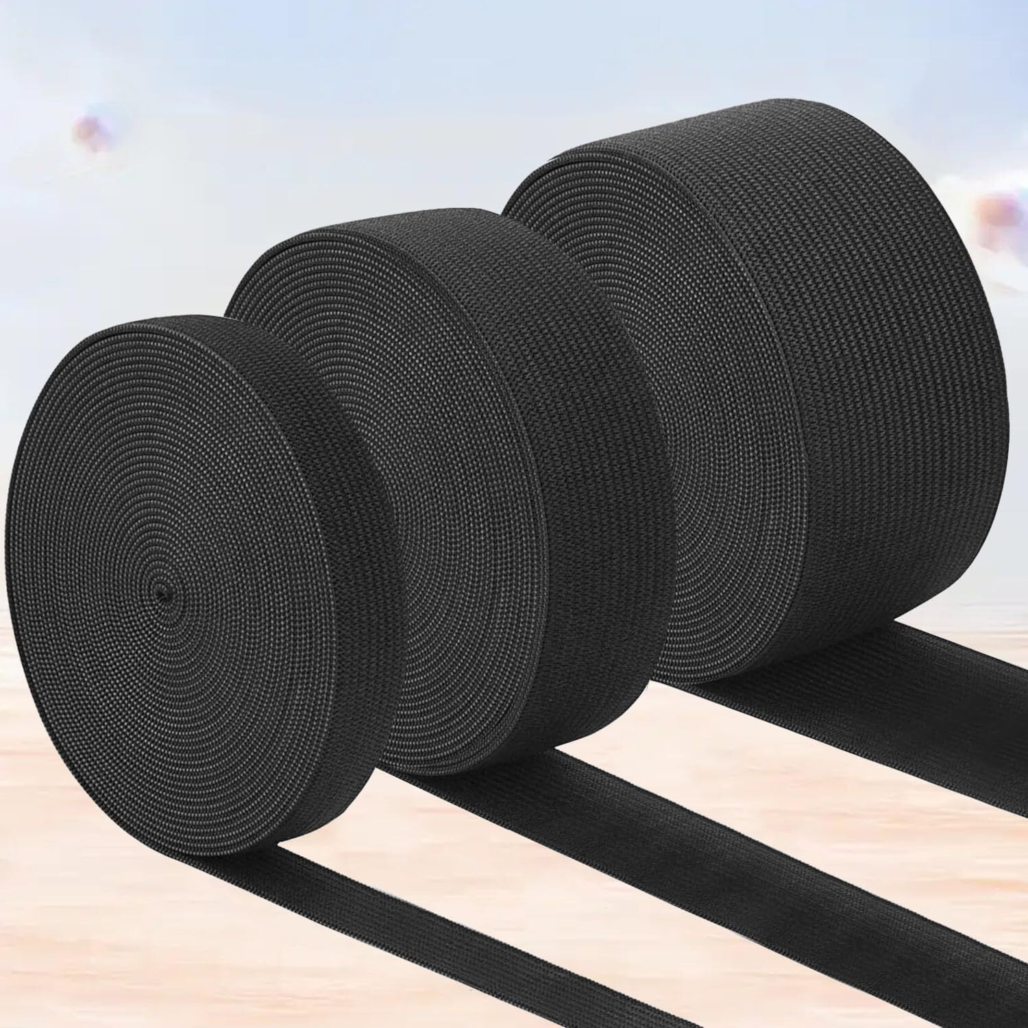 Aakriti Black Woven Elastic Bands For Sewing  Stretch Waistband Elastic For Clothing & Crafts, Set Of 3 Rolls (1", 1.25", 1.5" Widths, 5 Meters Each)