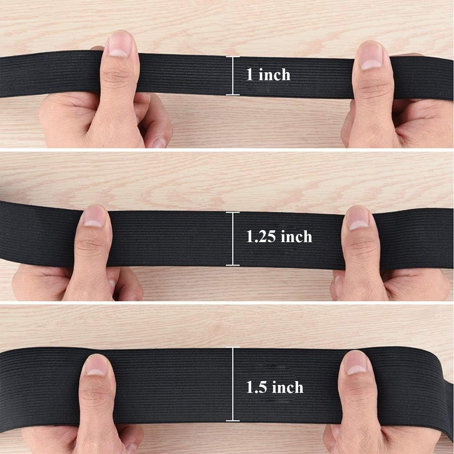 Aakriti Black Woven Elastic Bands For Sewing  Stretch Waistband Elastic For Clothing & Crafts, Set Of 3 Rolls (1", 1.25", 1.5" Widths, 5 Meters Each)
