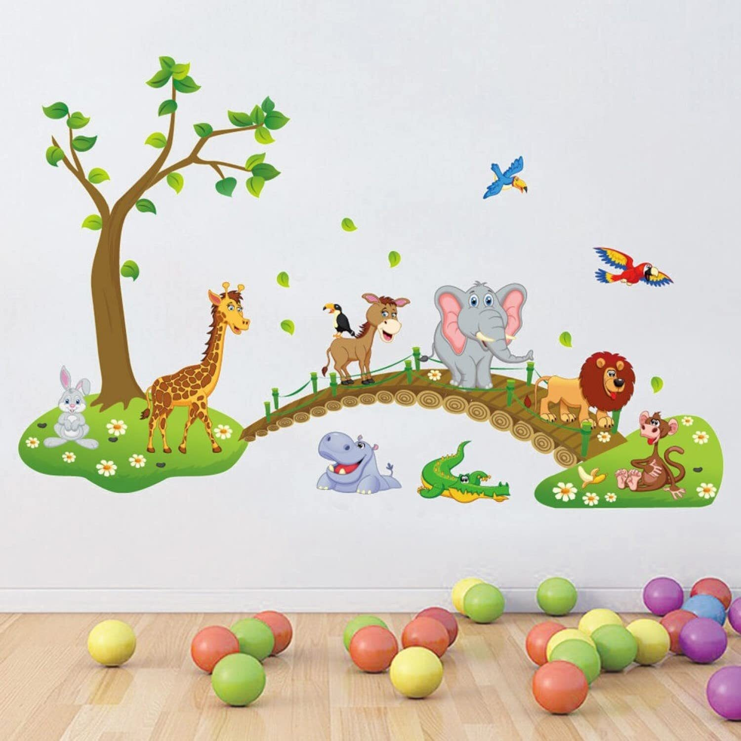 Jaamso Royals Jungle Animals Zoo Wooden Bridge Wall Sticker For Home Dcor