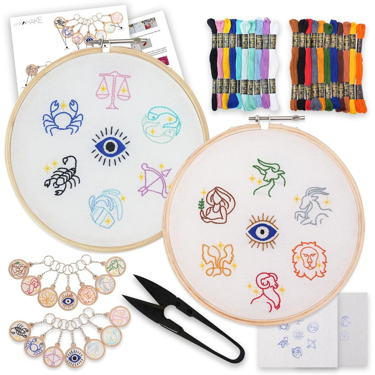 Picknmake Diy All Zodiac Sign Keychain Making Kit  Embroidery Kit For Beginners, Cross Stitch Kit For Astrology Lovers  Includes Threads, Fabric, Hoop, Needles, And Key Loops