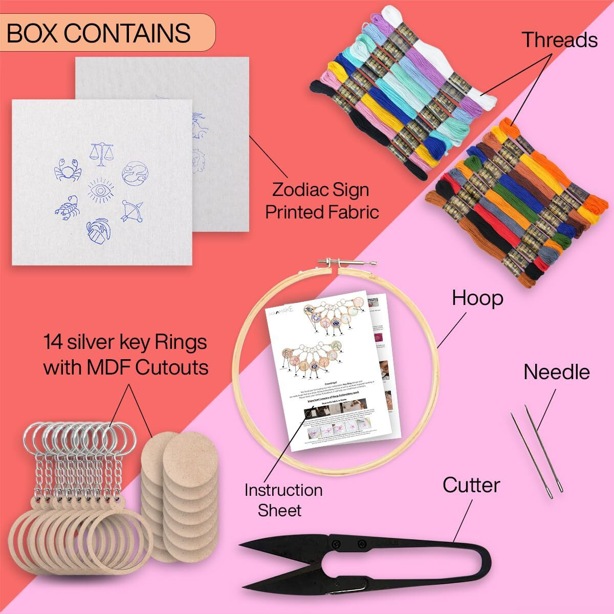 Picknmake Diy All Zodiac Sign Keychain Making Kit  Embroidery Kit For Beginners, Cross Stitch Kit For Astrology Lovers  Includes Threads, Fabric, Hoop, Needles, And Key Loops