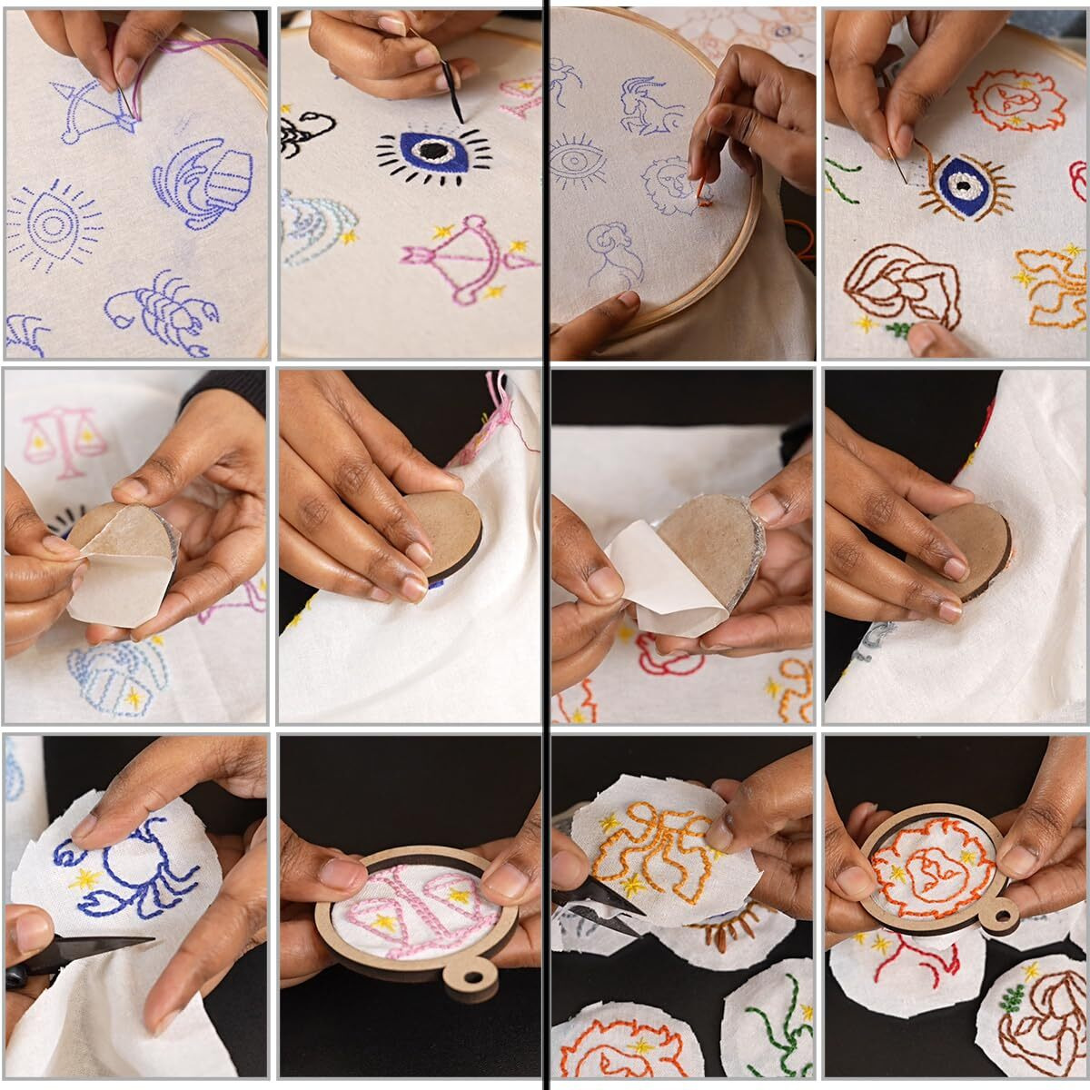 Picknmake Diy All Zodiac Sign Keychain Making Kit  Embroidery Kit For Beginners, Cross Stitch Kit For Astrology Lovers  Includes Threads, Fabric, Hoop, Needles, And Key Loops