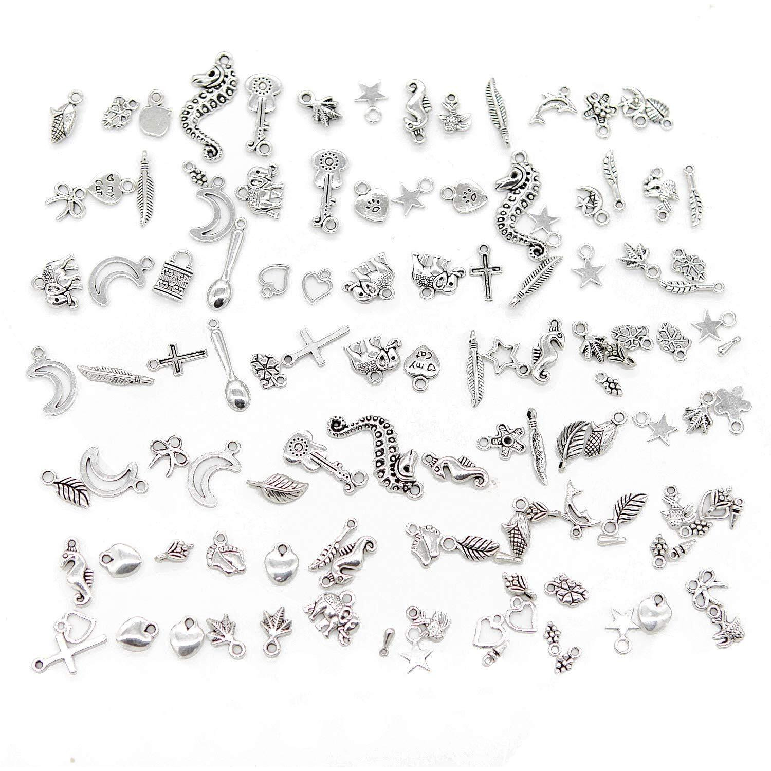 Diy Crafts Pack Of 200 Pcs 25X7, Antique Silver, Random Mixed Tibtan Silver Beads Charms Pendants For Diy Jewelry Making Accessories Christmas Gift Ship(Pack Of 200 Pcs 25X7, Antique Silver)