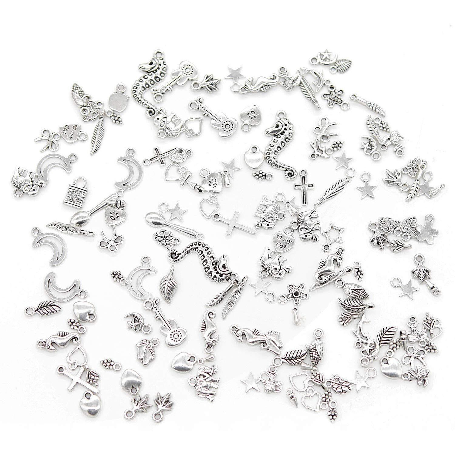 Diy Crafts Pack Of 200 Pcs 25X7, Antique Silver, Random Mixed Tibtan Silver Beads Charms Pendants For Diy Jewelry Making Accessories Christmas Gift Ship(Pack Of 200 Pcs 25X7, Antique Silver)