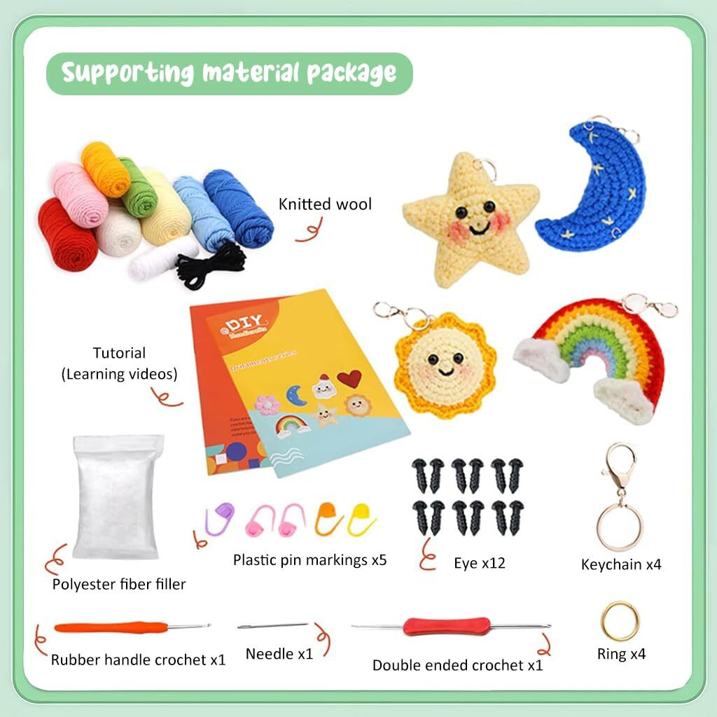 Patpat Cotton Diy Crochet Kit Set Of 4 - Cartoon Stuffed Toy Material Kit With Tools And Tutorials - Starter Friendly Pendant Making Set, Multicolor