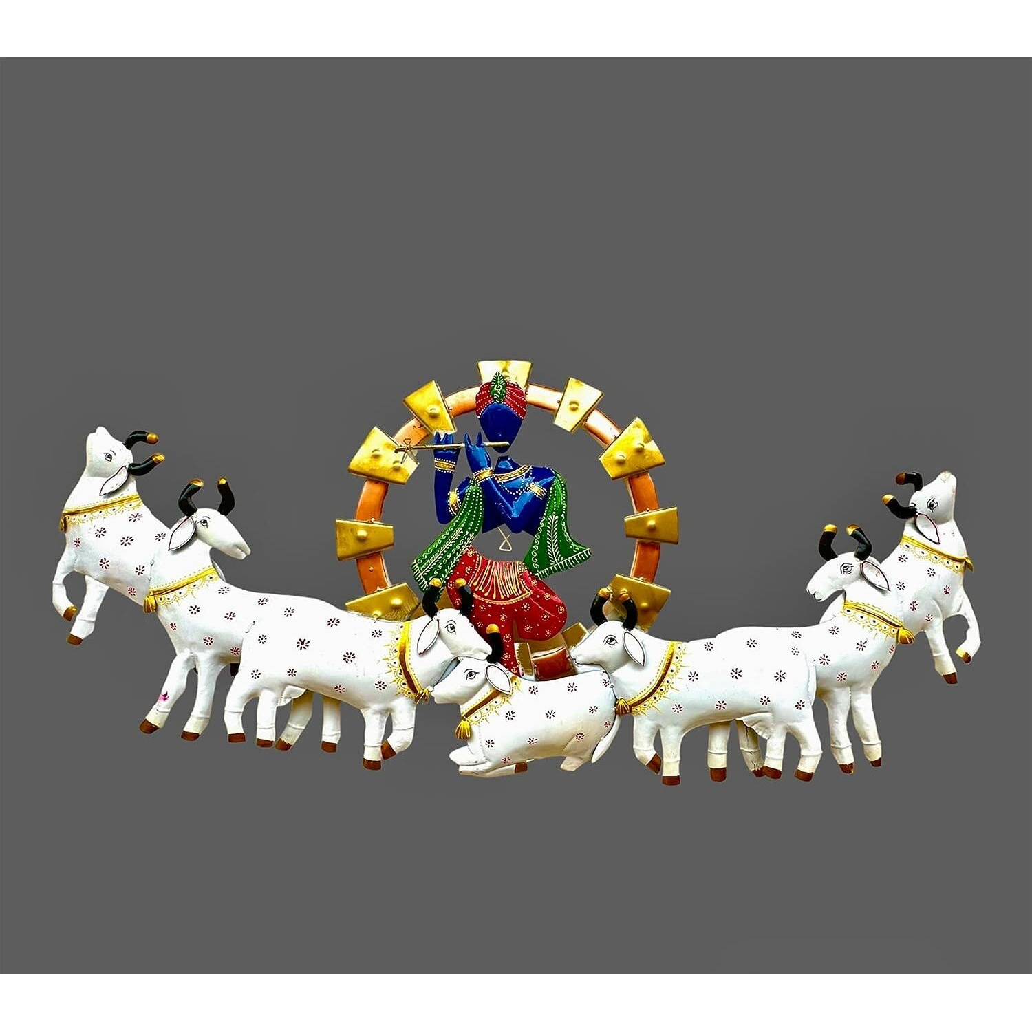 Metal Krishna Playing Basuri With Cow Wall Hanging For Home Decoration, Wall Sculpture For Living Room, Wall Hanging Decorative Items-55 Inch