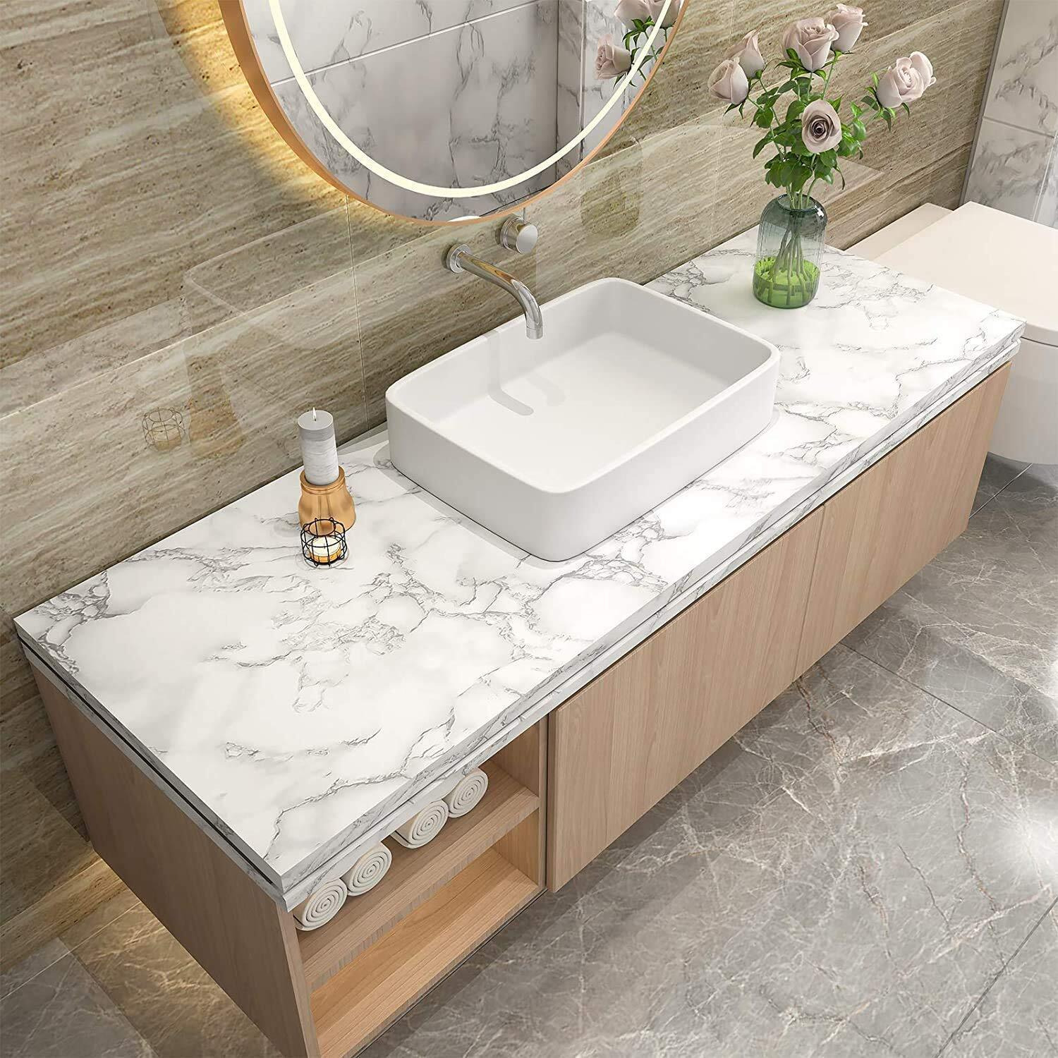 Jarvision Tiles Stickers For Wall Sticker Wallpaper For Wall Floor Stickers Waterproof Tiles Vinyl Stickers For Furniture Table Stickers For Wooden Table Wall Paper For Kitchen Self (White Marble)