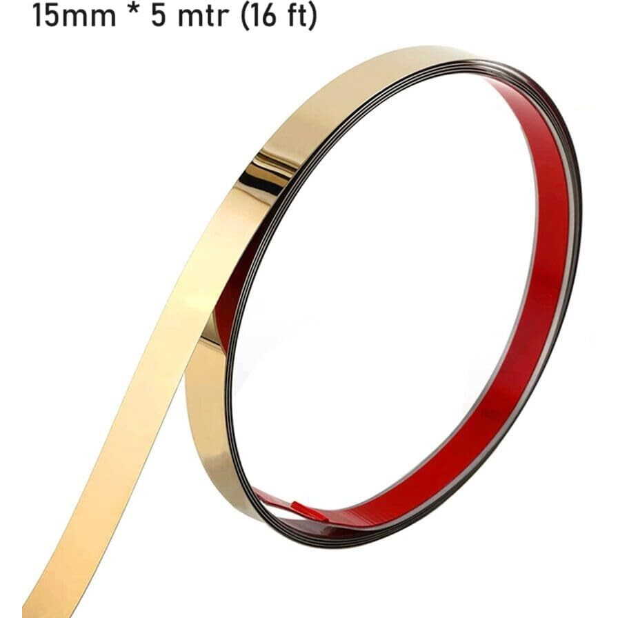 Wicharsh Flexible Self-Adhesive Stainless Steel Pvd Coated 8K Mirror Gold Finish Flat Trim Patti Strip Profile 15 Mm X 16.4Ft(5Mtr) Pack Of 1 Roll For Wall Decoration, Furniture, Highlighters