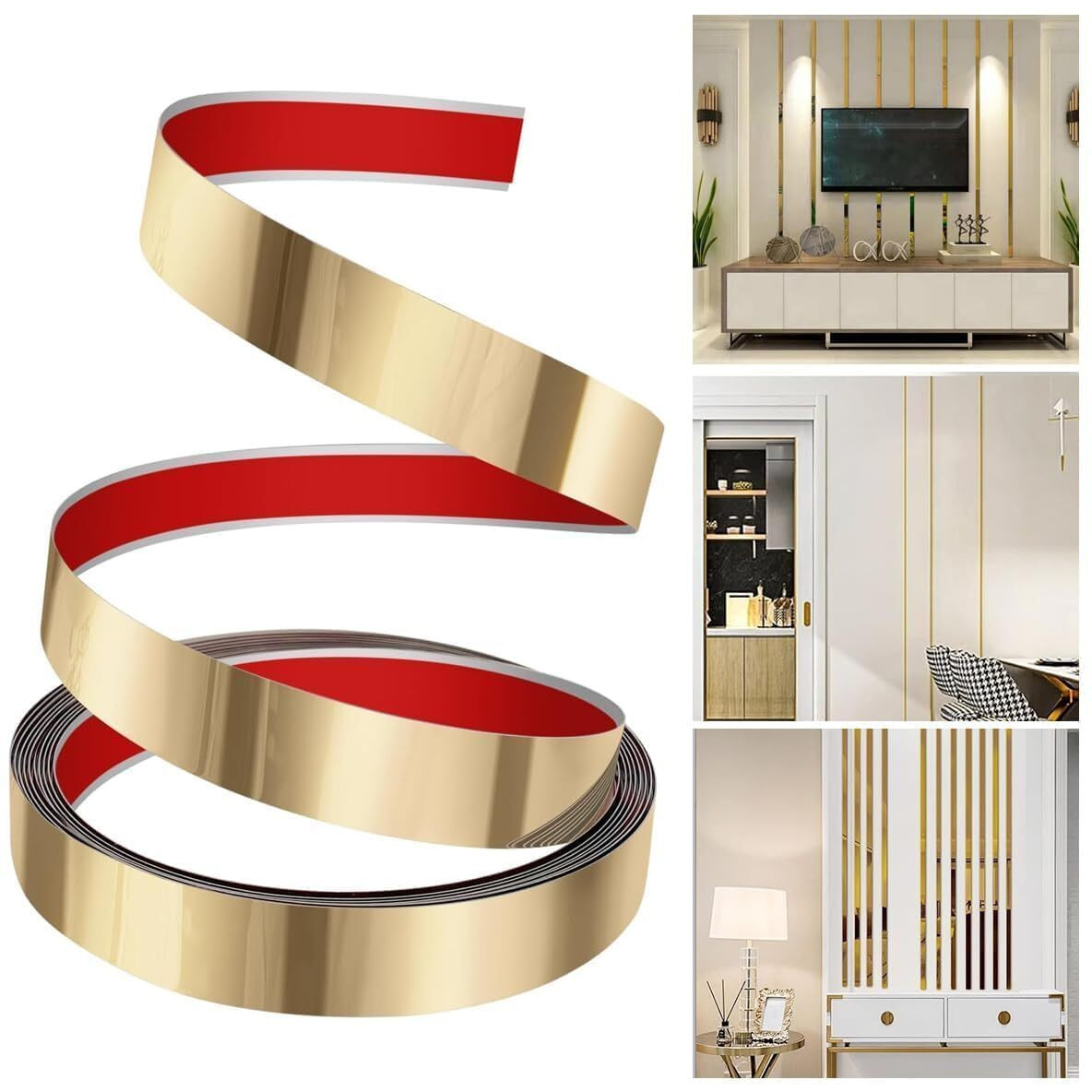 Wicharsh Flexible Self-Adhesive Stainless Steel Pvd Coated 8K Mirror Gold Finish Flat Trim Patti Strip Profile 15 Mm X 16.4Ft(5Mtr) Pack Of 1 Roll For Wall Decoration, Furniture, Highlighters